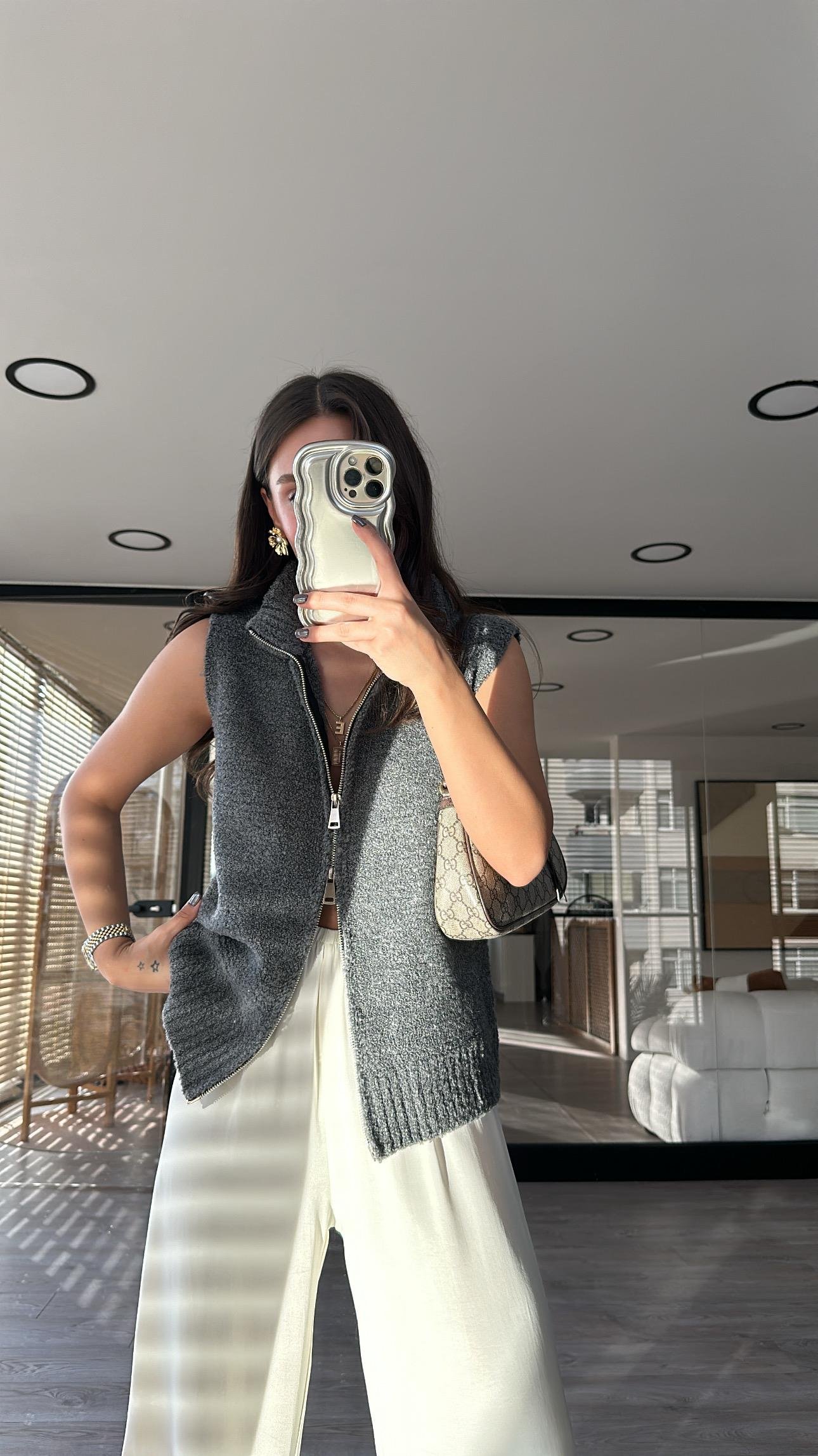 Gri Çift Fermuarlı Triko Yelek