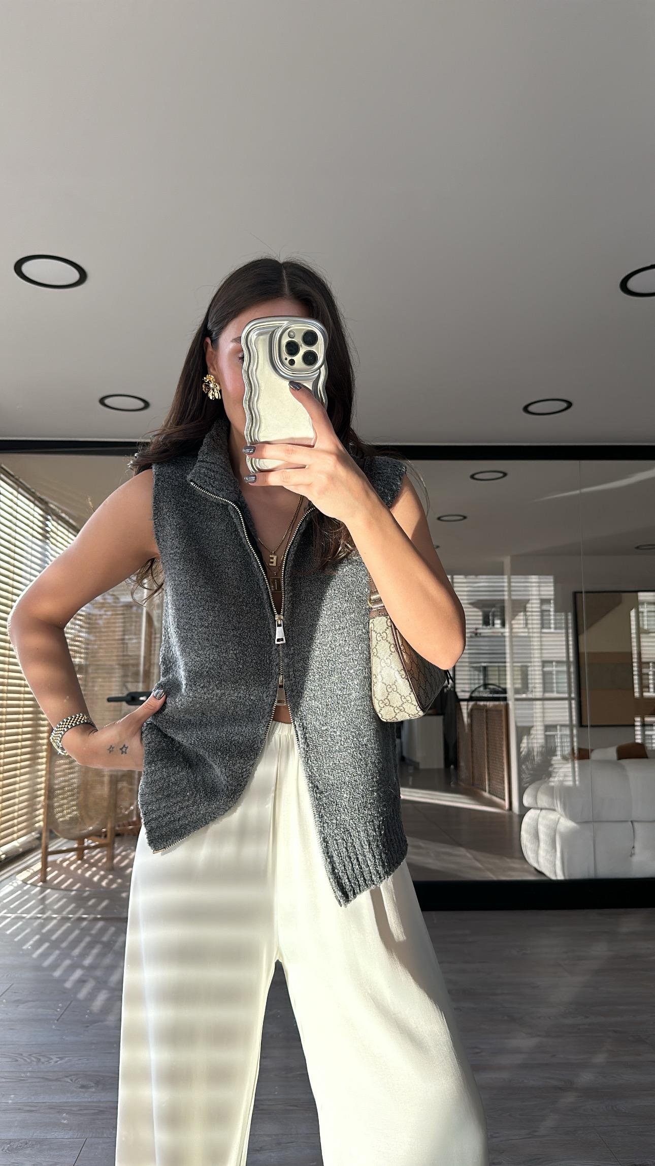 Gri Çift Fermuarlı Triko Yelek