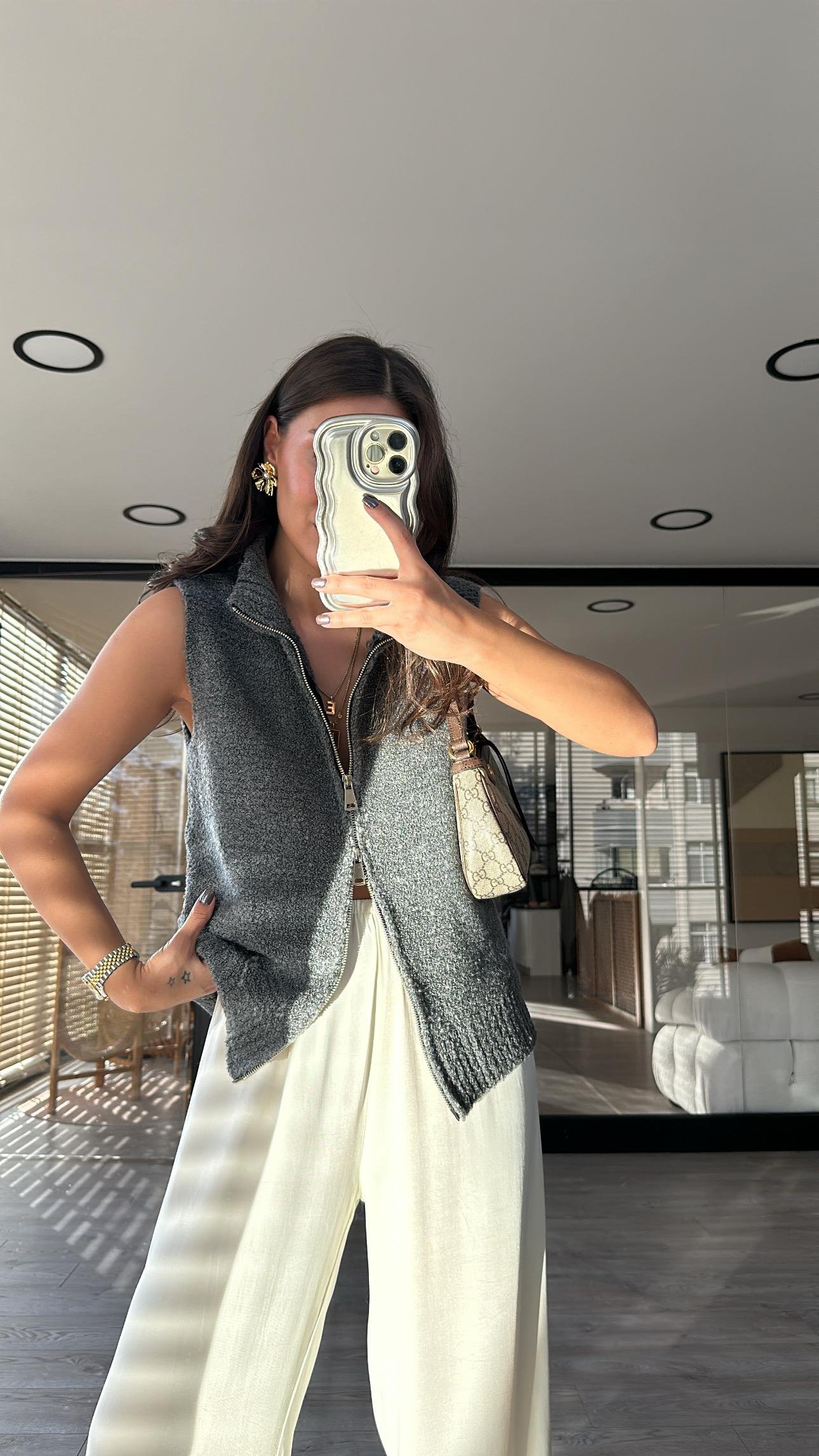 Gri Çift Fermuarlı Triko Yelek