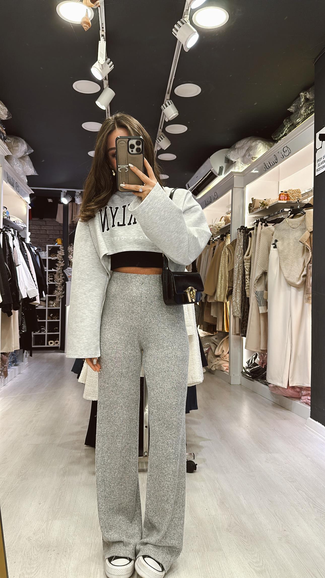 Gri  Fitilli Beli Lastikli Bol Paça Basic Pantolon