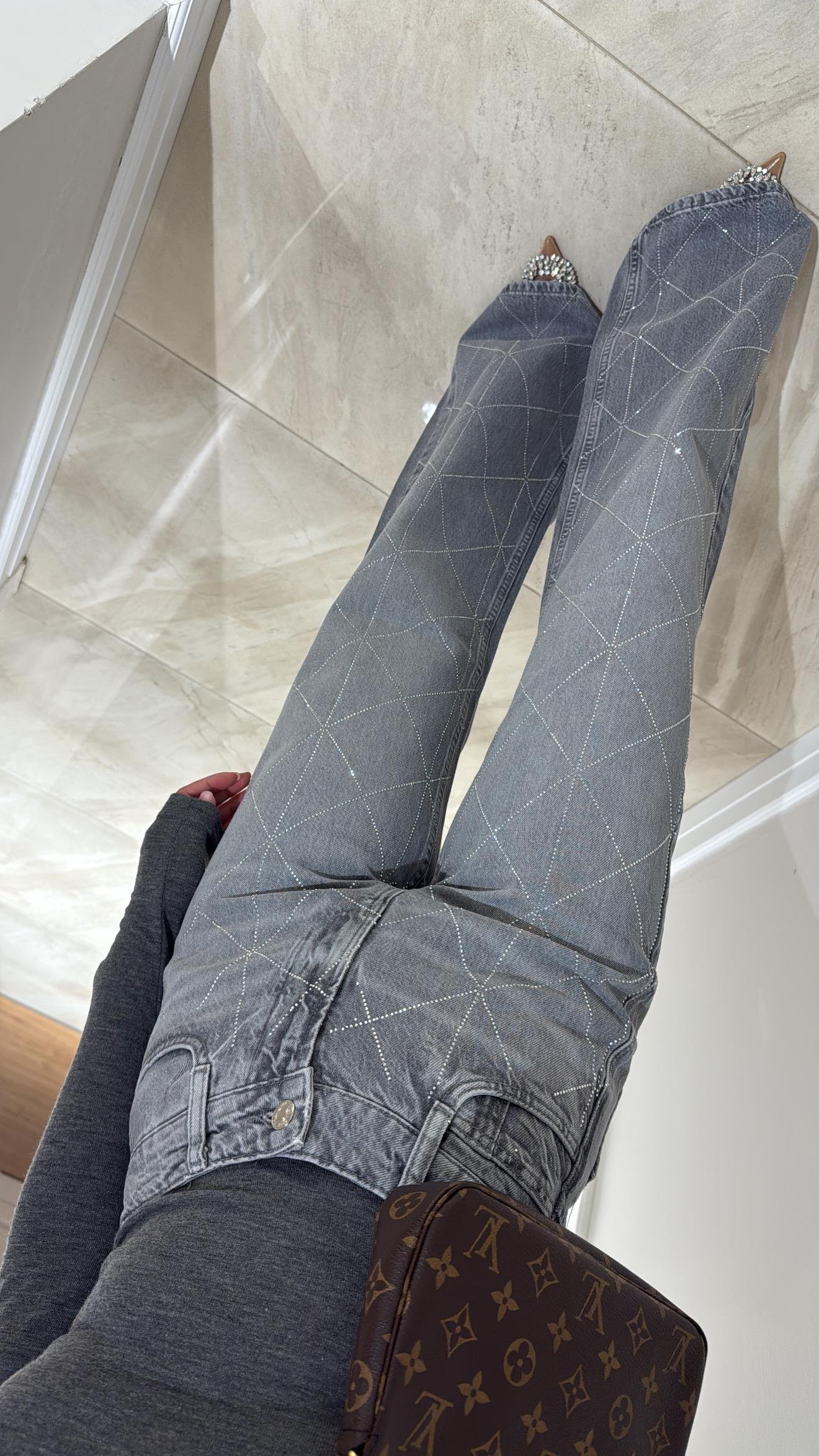 Gri Geometrik Taşlı Bol Paça Marka Model Jean