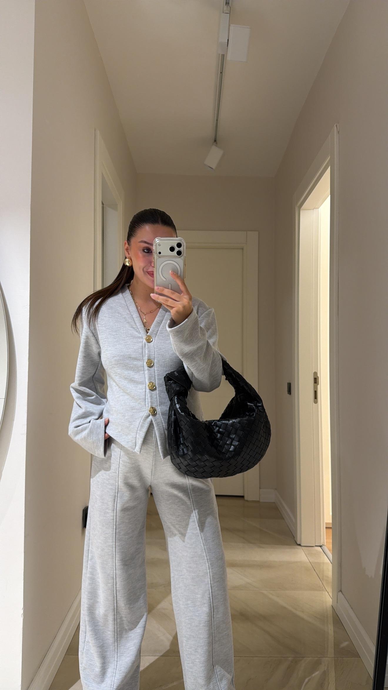 Gri Gold Düğmeli Triko Pantolon Takım