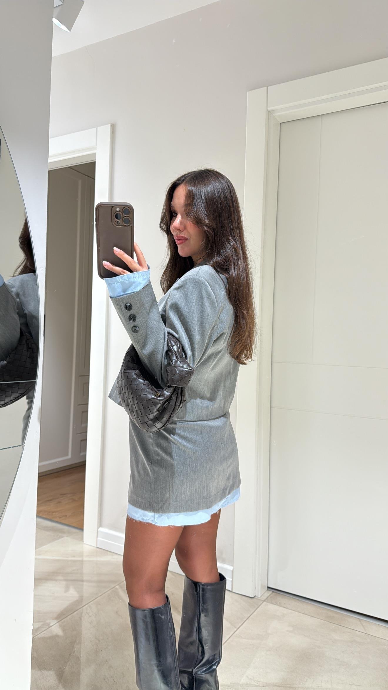 Gri Kemerli Mavi Kumaş Garnili Etek