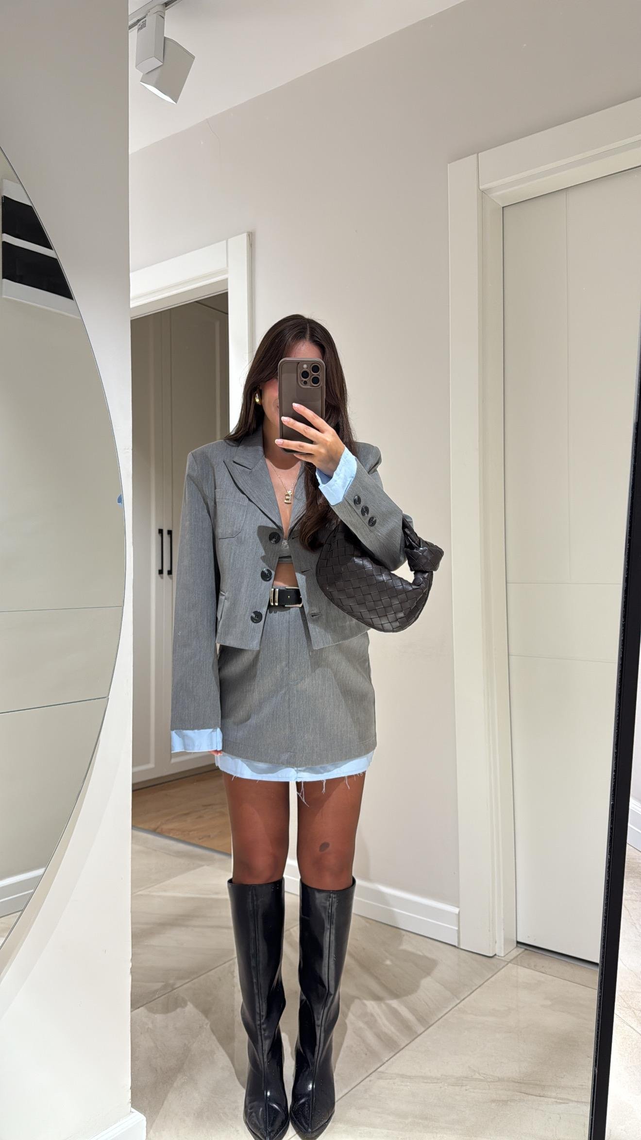 Gri Kemerli Mavi Kumaş Garnili Etek