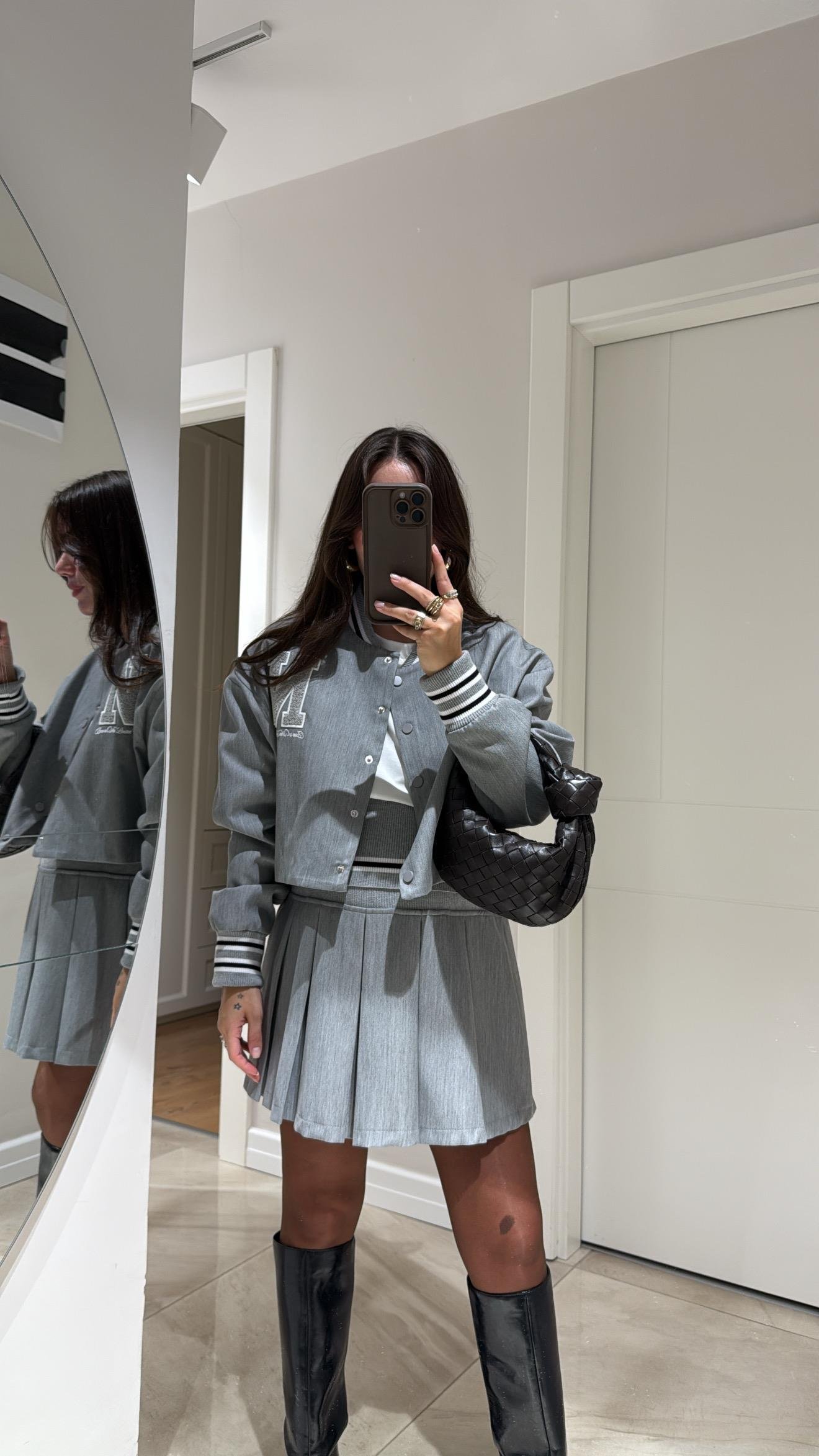 Gri Harf Nakışlı Ribanalı Bomber Ceket