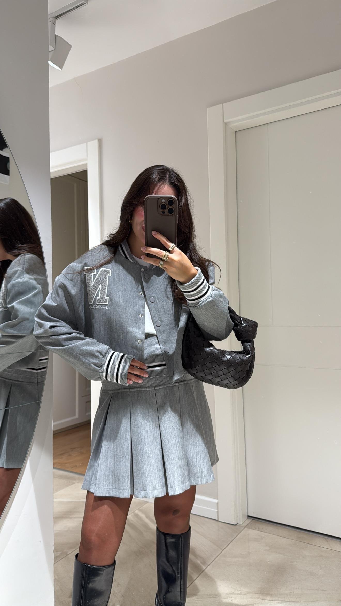 Gri Harf Nakışlı Ribanalı Bomber Ceket