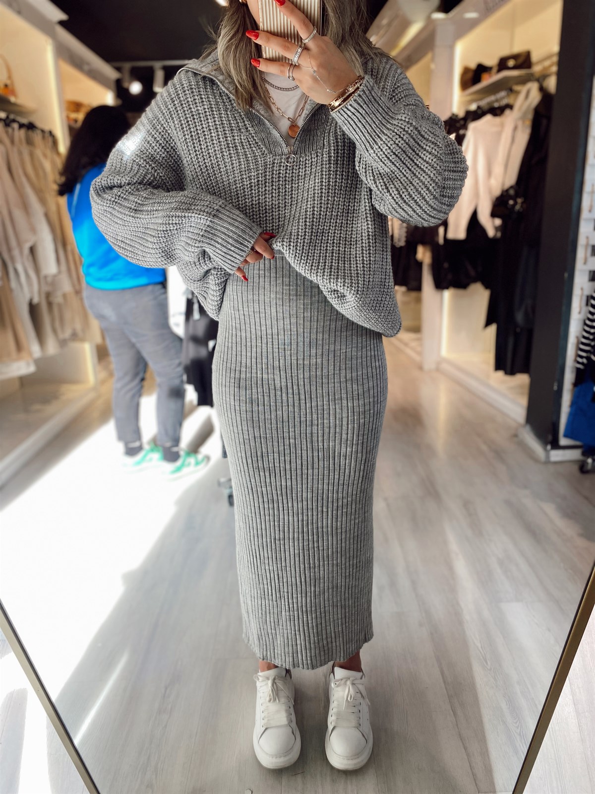 Gri Kalem Triko Etek