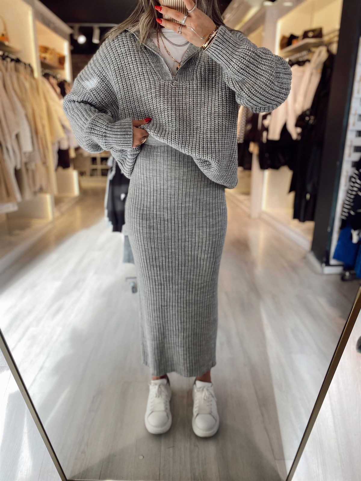 Gri Kalem Triko Etek