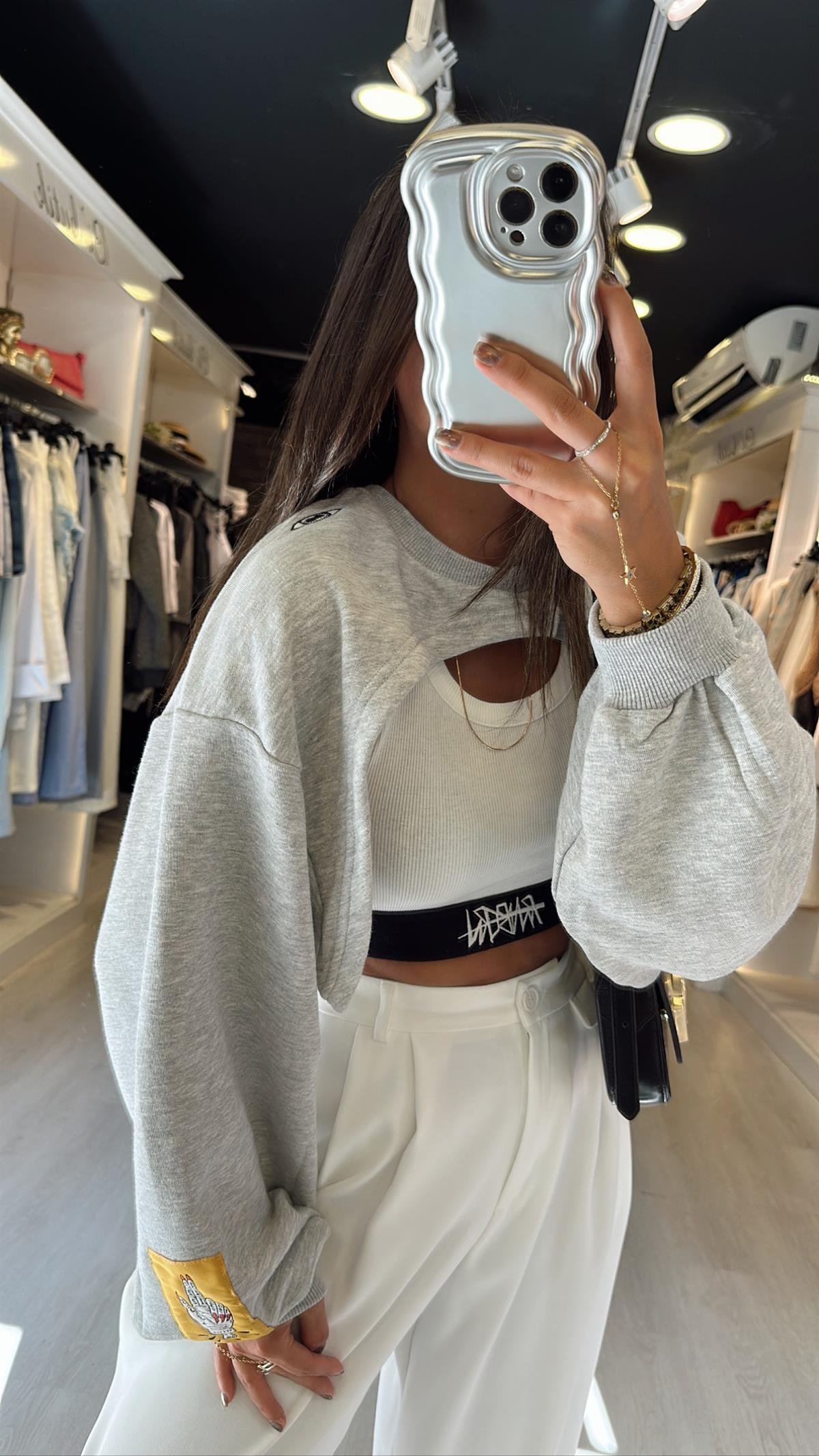 Gri Kendinden Atletli Tasarım Crop Sweat