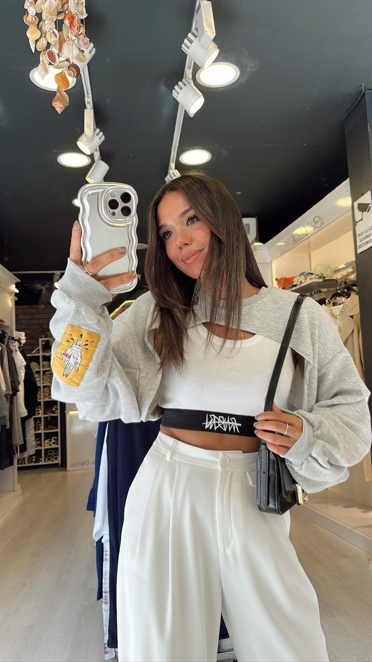 Gri Kendinden Atletli Tasarım Crop Sweat