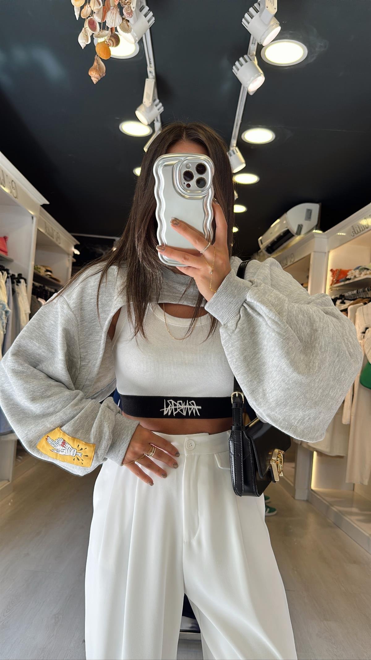 Gri Kendinden Atletli Tasarım Crop Sweat