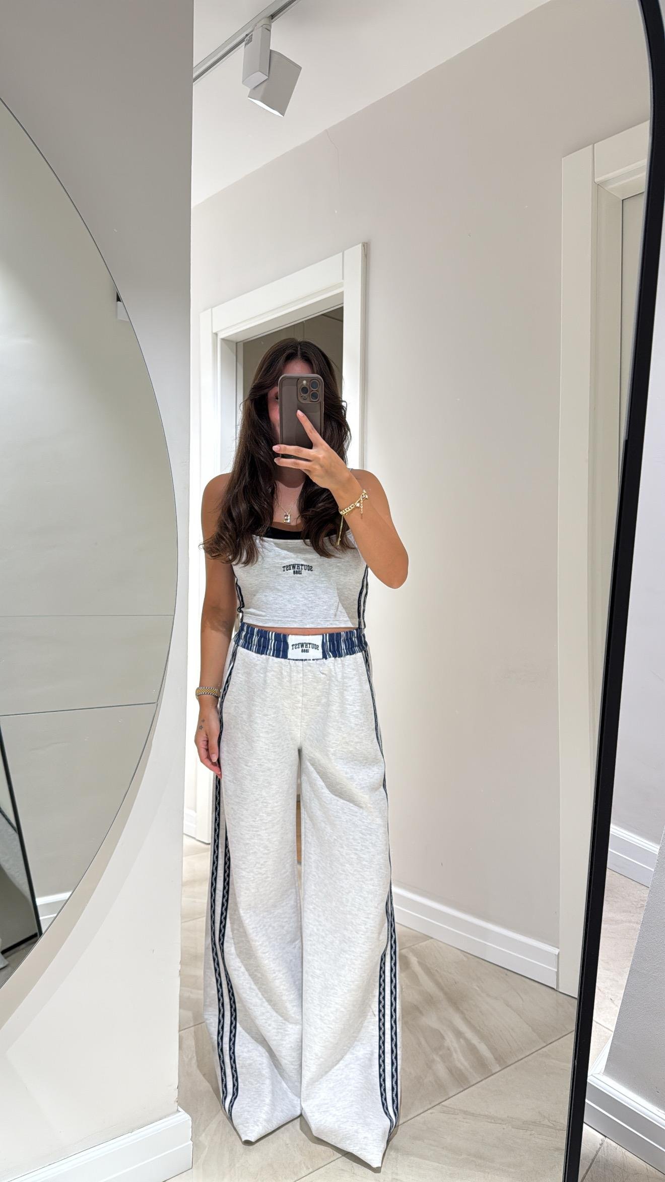 Gri Lacivert Bel Detaylı Yan Şeritli Pantolon