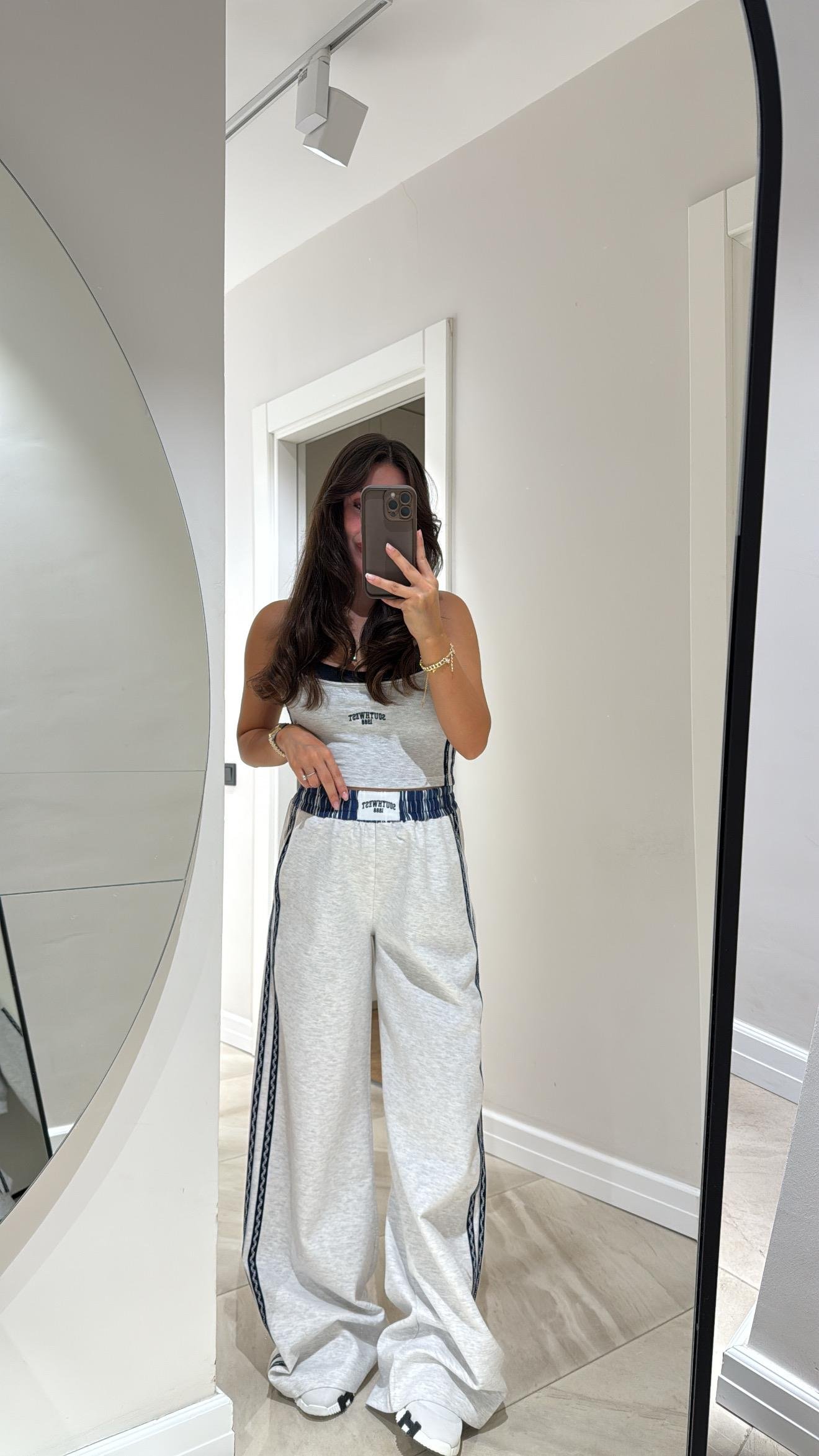 Gri Lacivert Bel Detaylı Yan Şeritli Pantolon