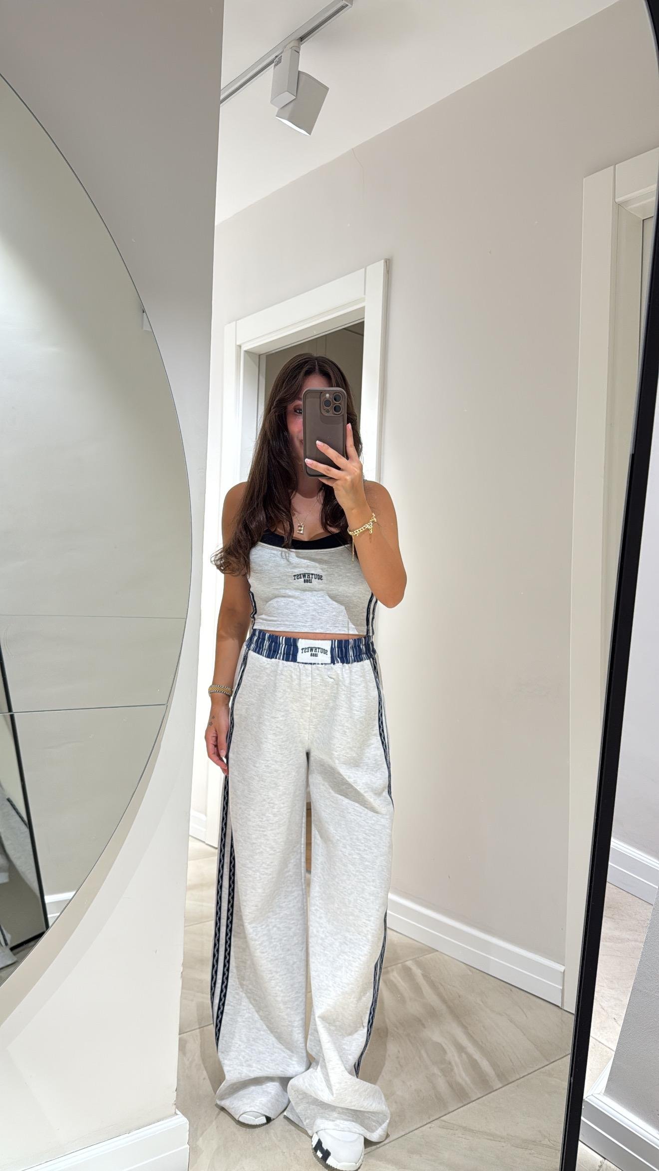 Gri Lacivert Bel Detaylı Yan Şeritli Pantolon