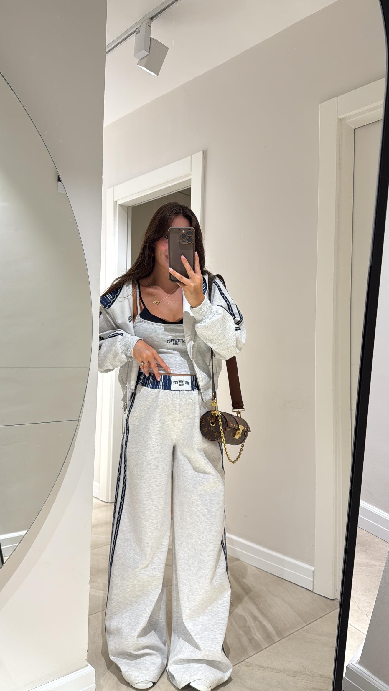 Gri Lacivert Bel Detaylı Yan Şeritli Pantolon