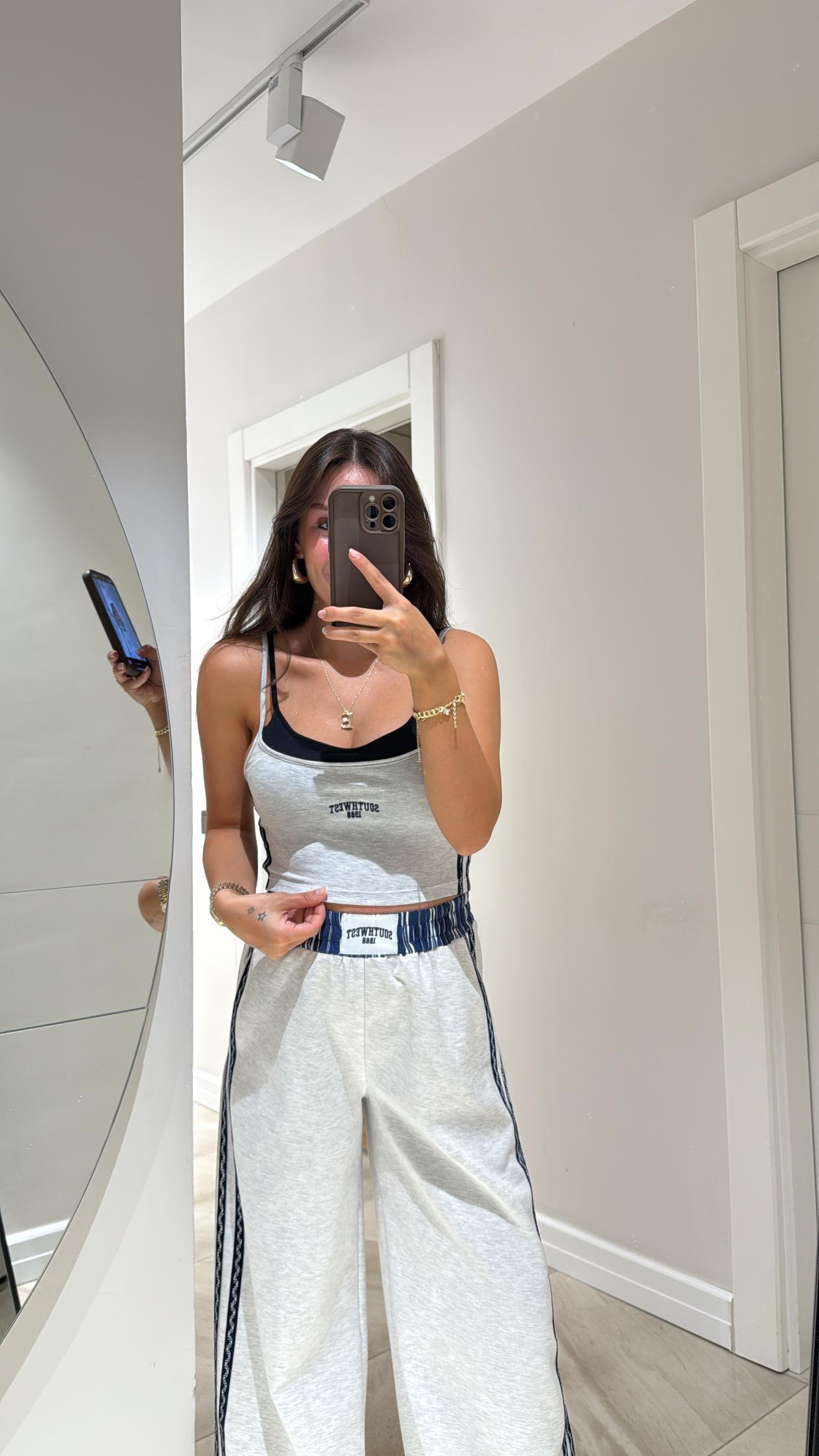 Gri Lacivert Çift Askılı Crop Atlet