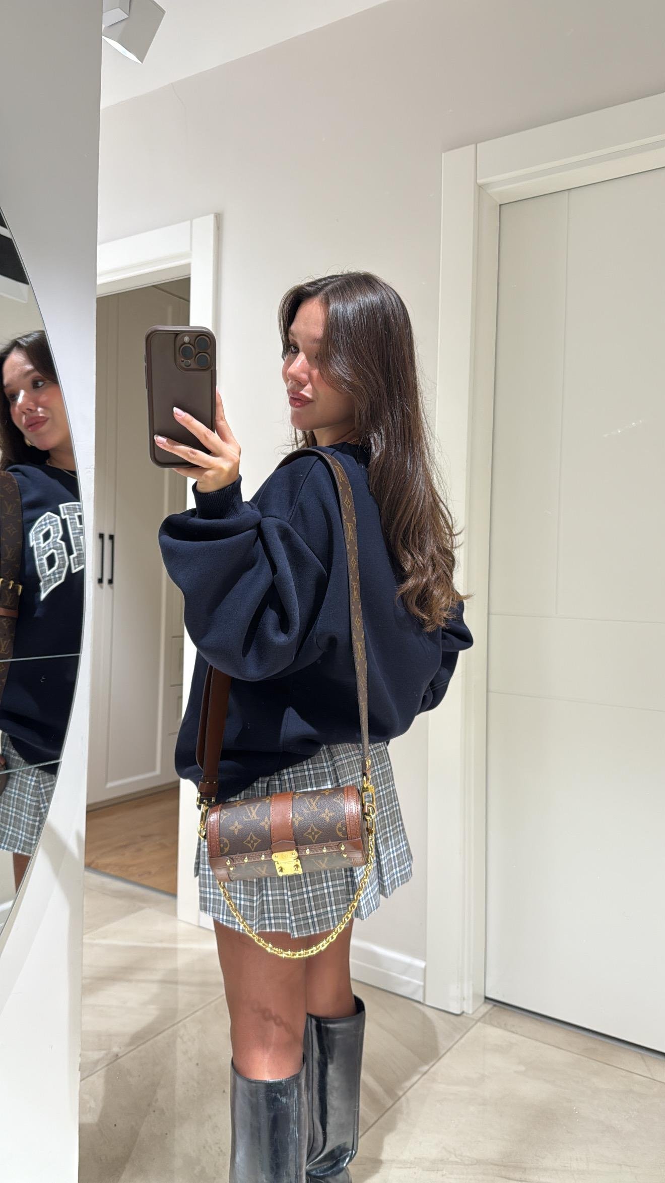 Gri Lacivert Ekoseli Pileli Etek