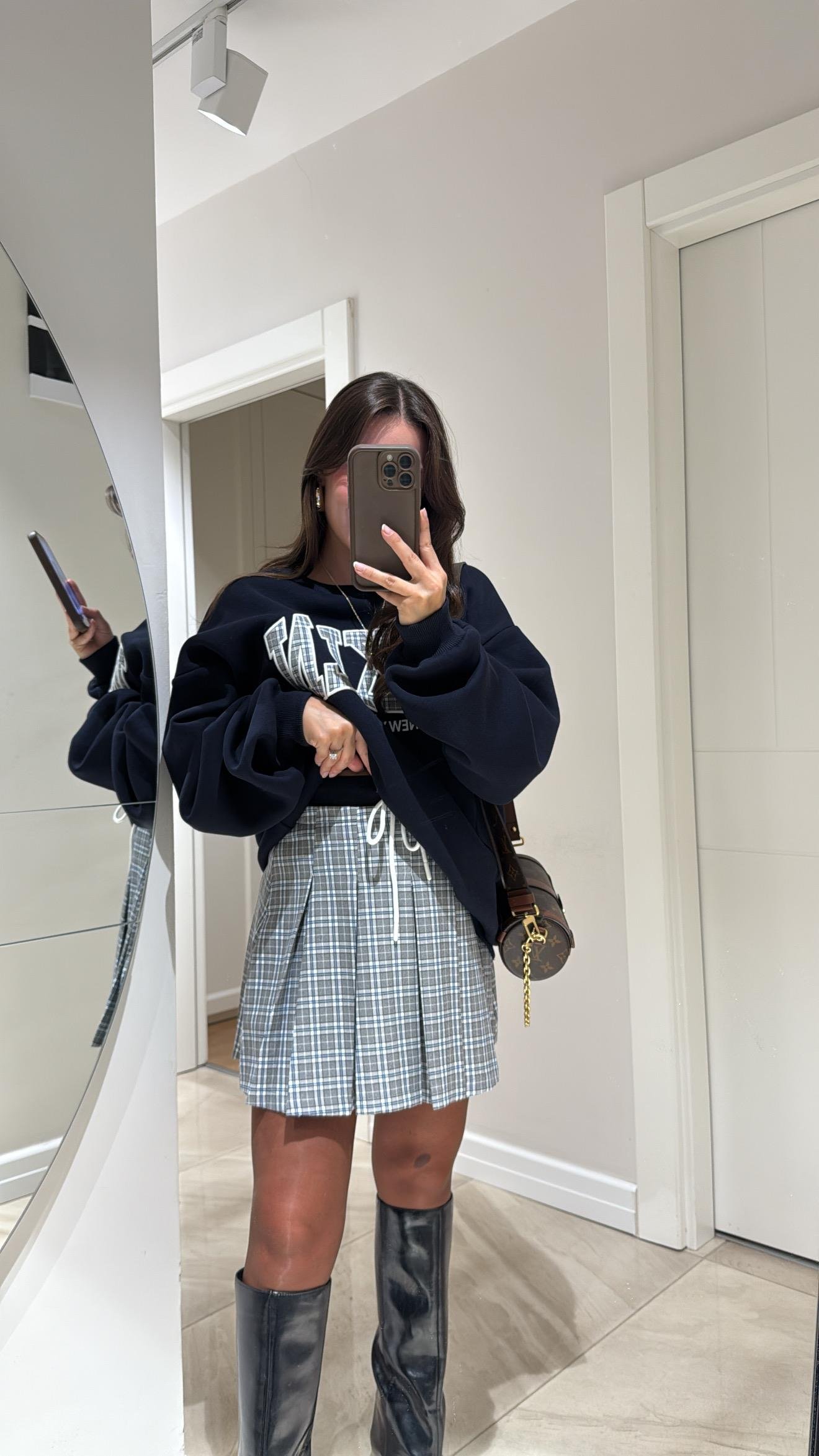 Gri Lacivert Ekoseli Pileli Etek