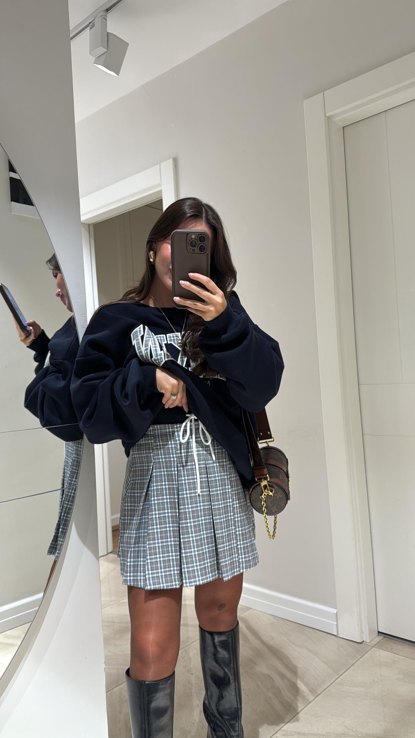 Gri Lacivert Ekoseli Pileli Etek