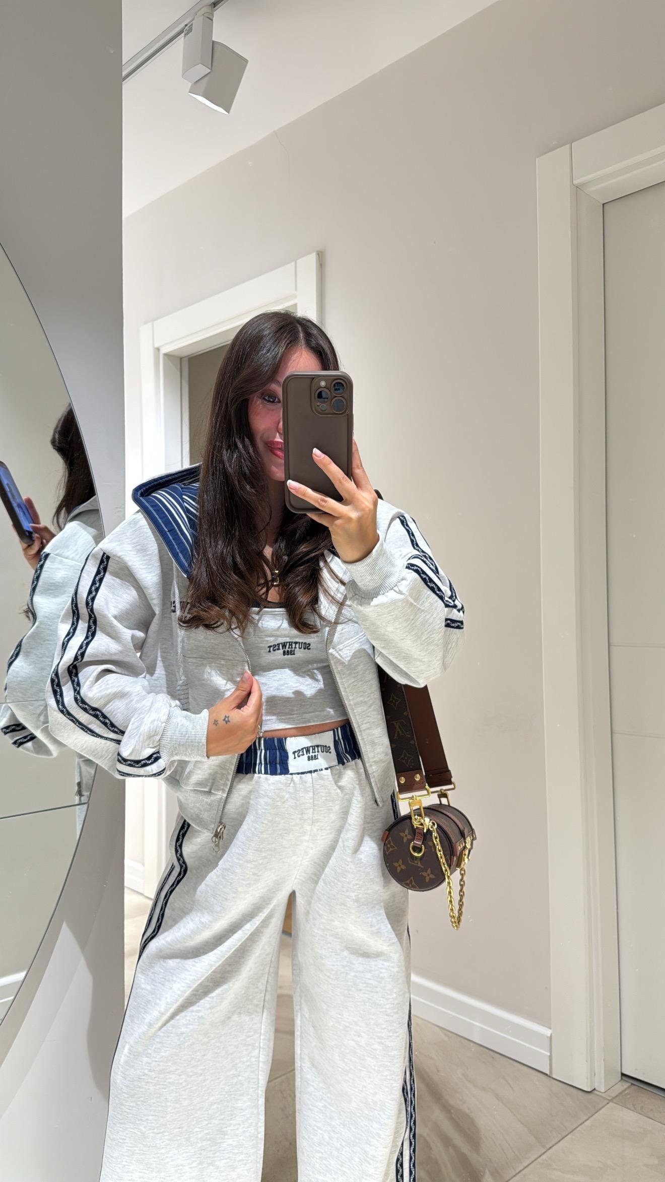 Gri Lacivert Fermuarlı Kapüşonlu Sweat