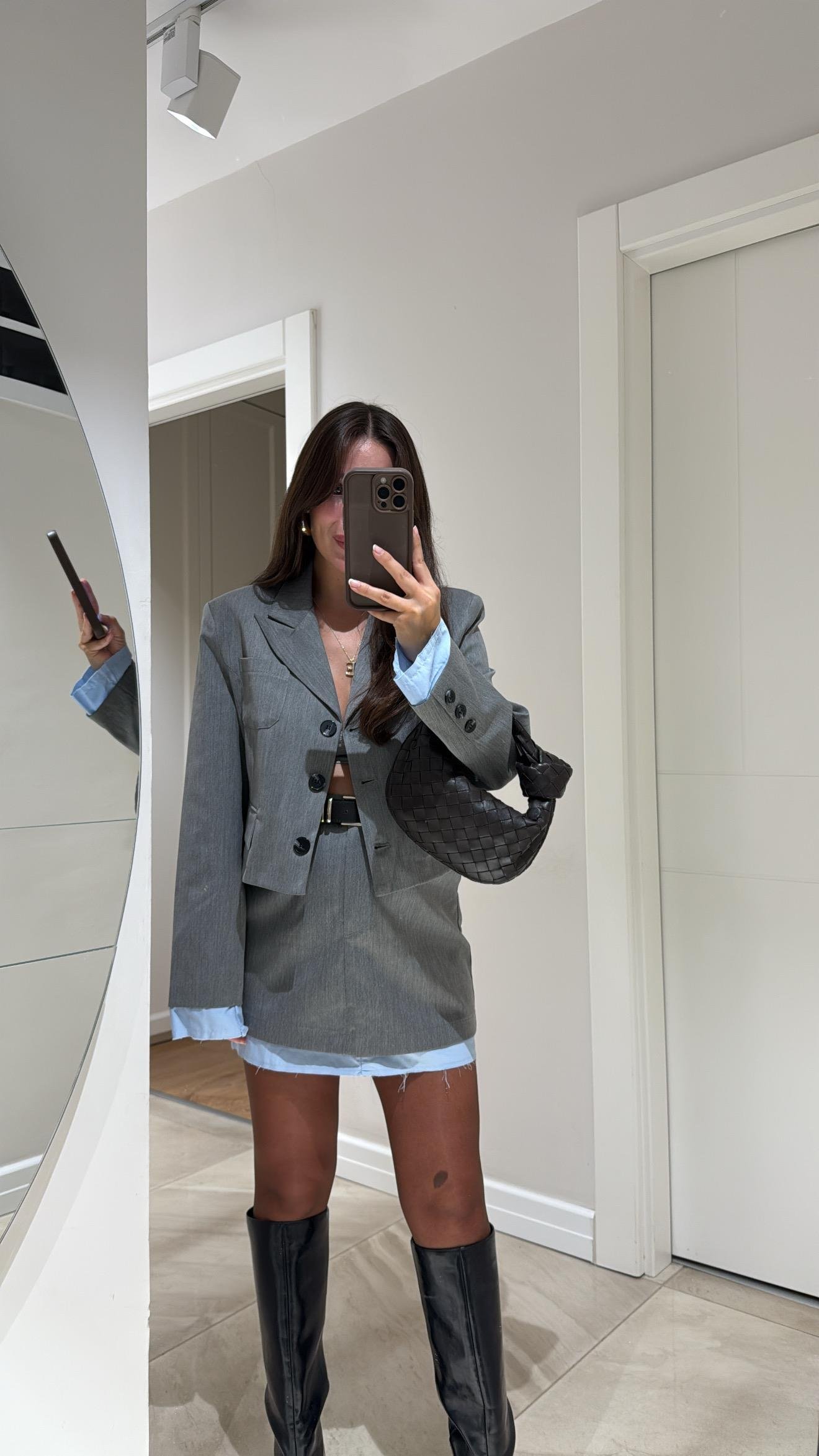 Gri Mavi Kol  Detaylı Crop Ceket