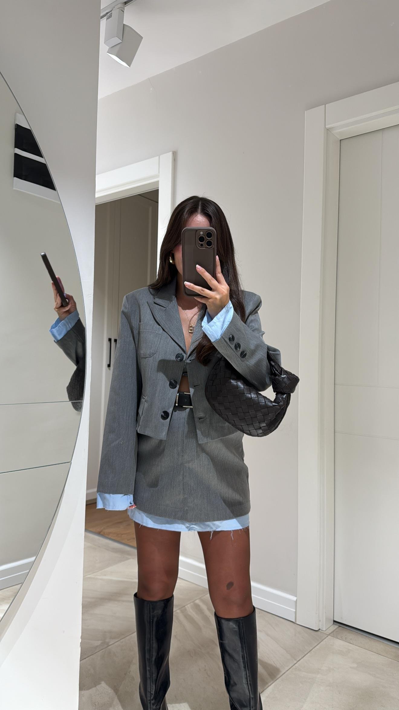 Gri Mavi Kol  Detaylı Crop Ceket