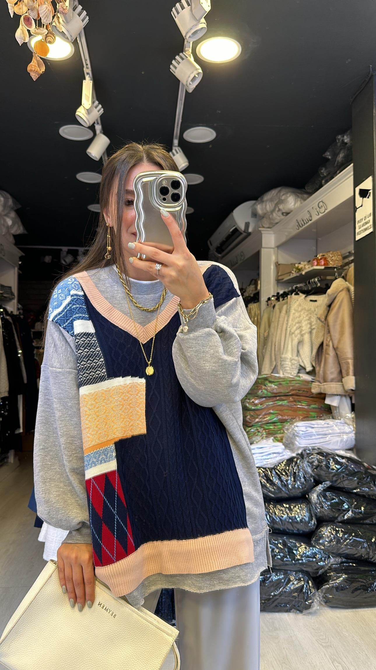 Gri Ön Triko Detaylı Sweat 