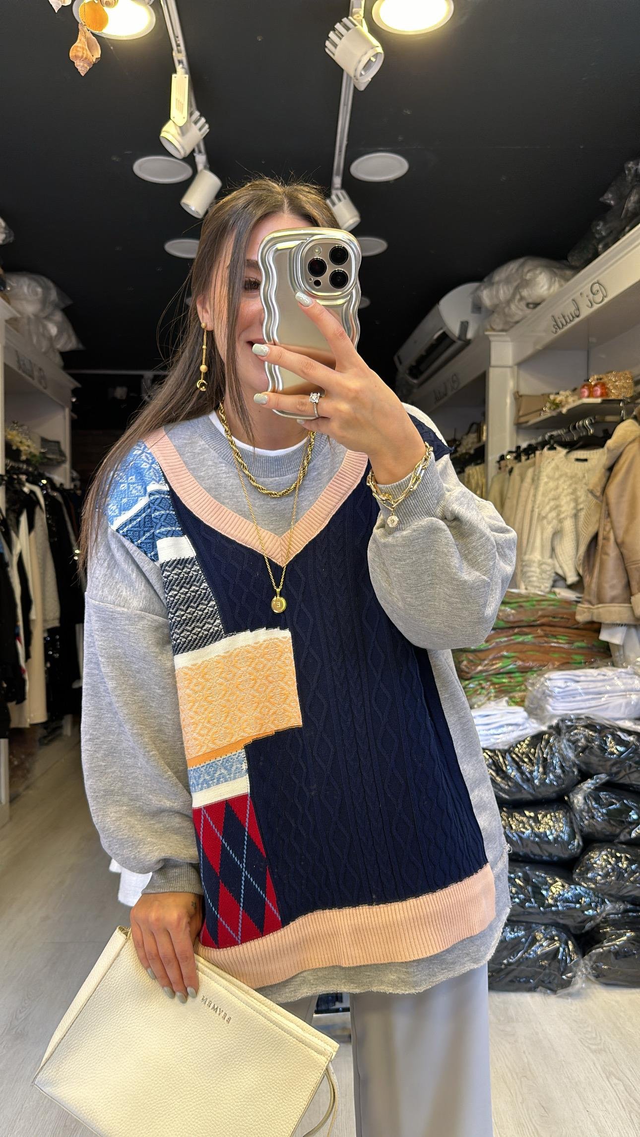 Gri Ön Triko Detaylı Sweat 