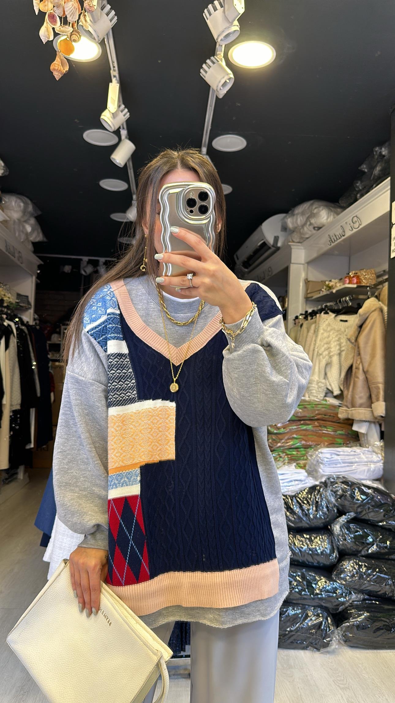 Gri Ön Triko Detaylı Sweat 