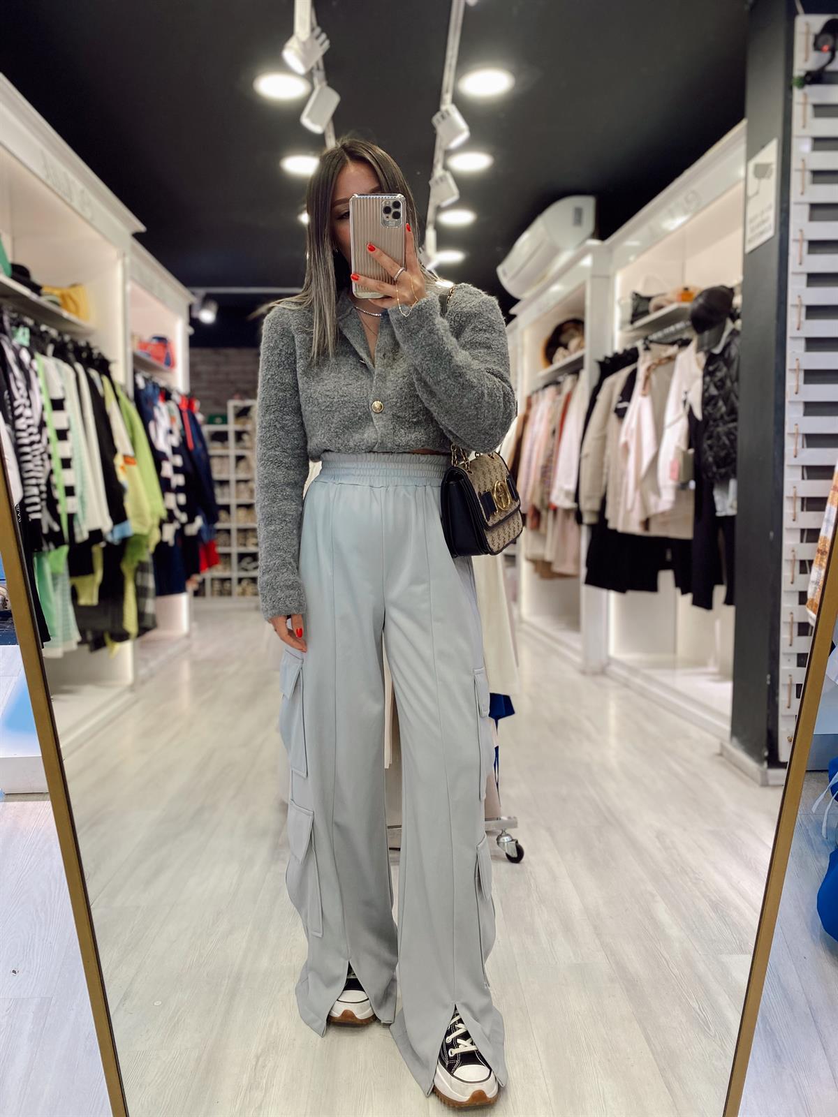 Gri Paça Yırtmaçlı Kargo Pantolon 