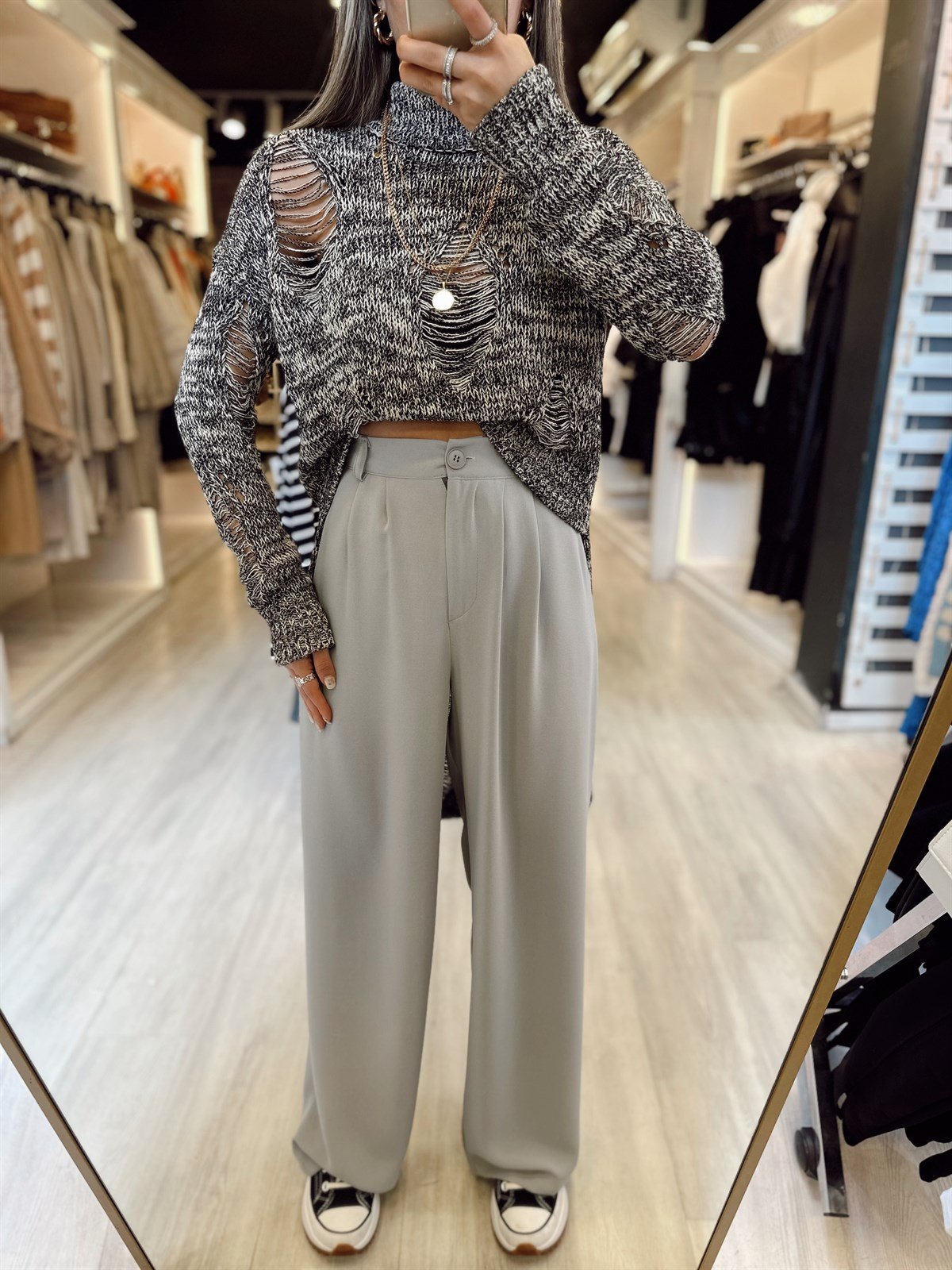 Gri Renk Beli Lastikli Krep Kumaş Palazzo Pantolon
