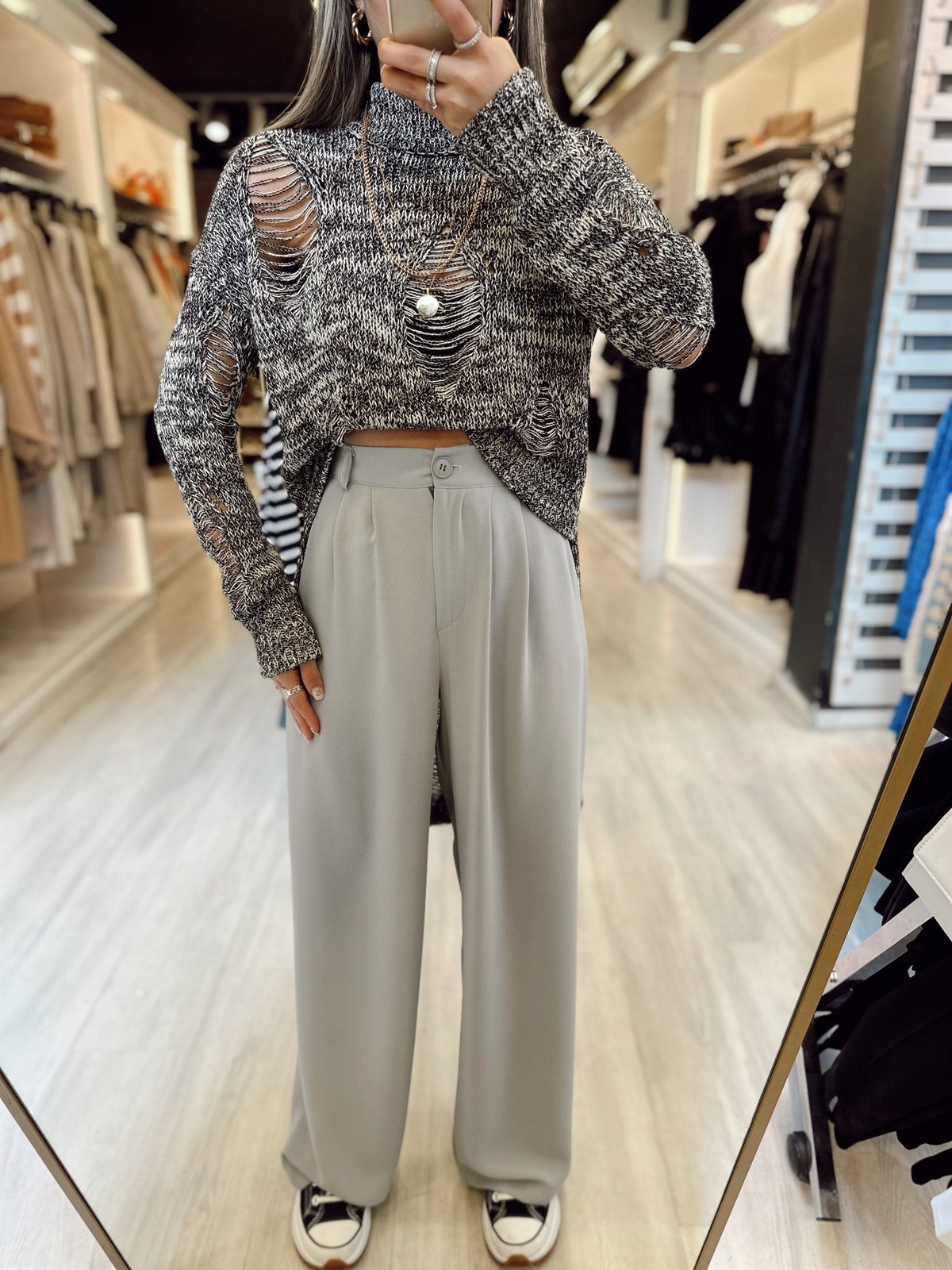 Gri Renk Beli Lastikli Krep Kumaş Palazzo Pantolon