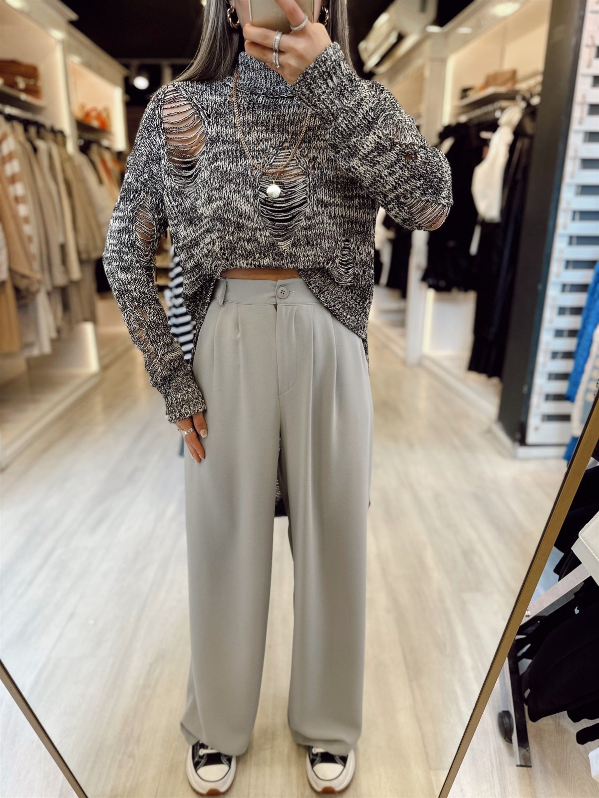 Gri Renk Beli Lastikli Krep Kumaş Palazzo Pantolon