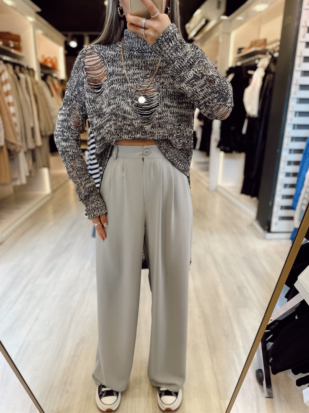 Gri Renk Beli Lastikli Krep Kumaş Palazzo Pantolon