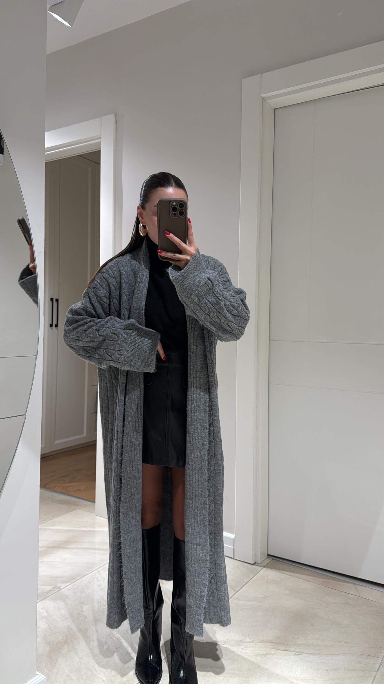 Gri Saç Örgülü Uzun Şal Yaka Triko Hırka