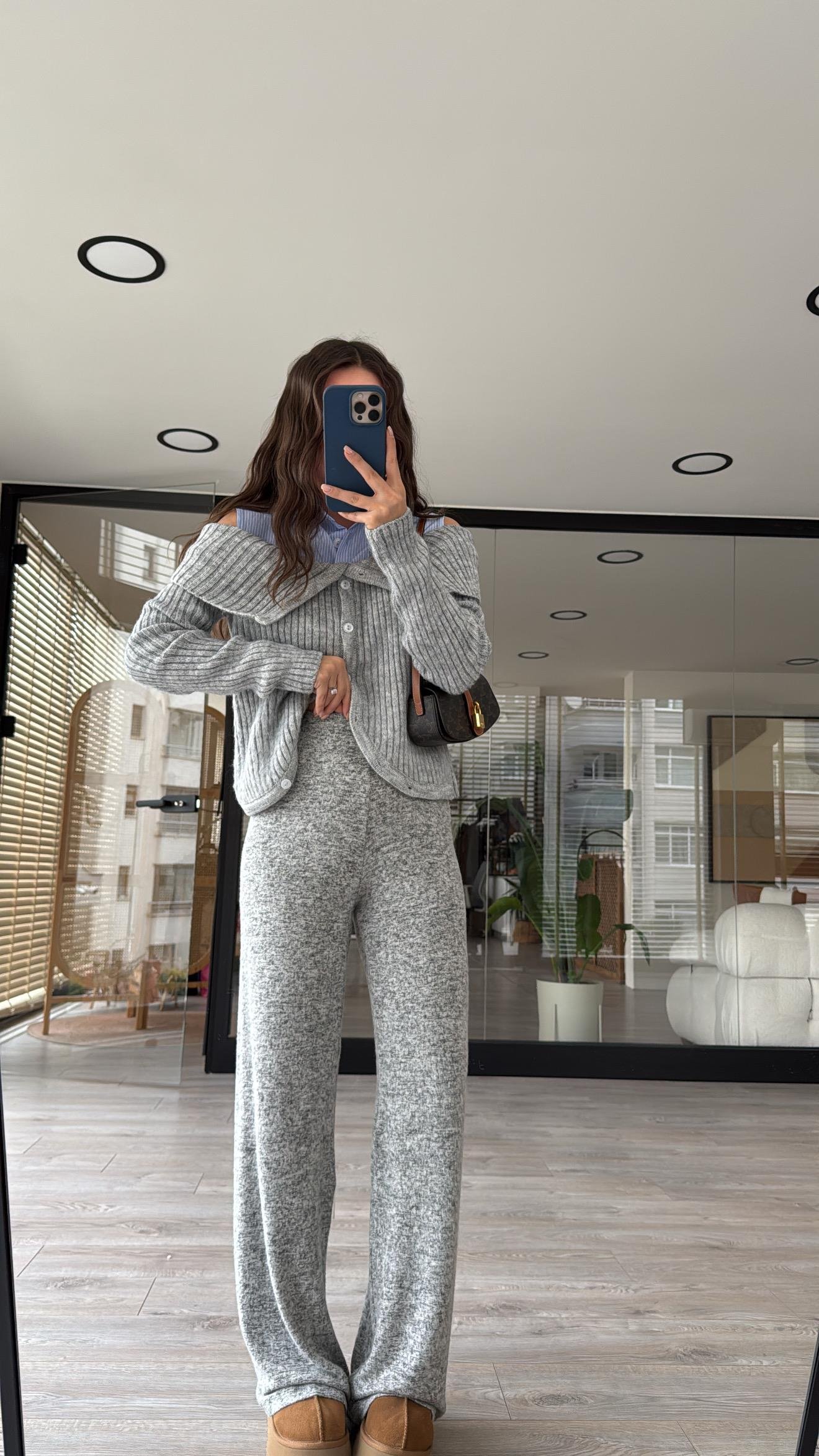 Gri Siyah Kırçıllı Beli Lastikli Bol Paça Basic Pantolon