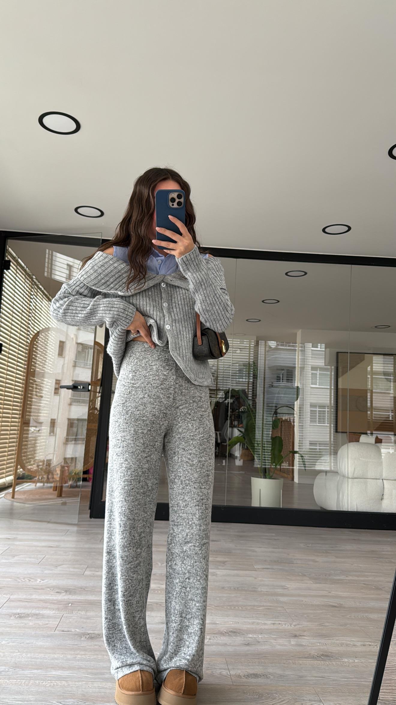 Gri Siyah Kırçıllı Beli Lastikli Bol Paça Basic Pantolon