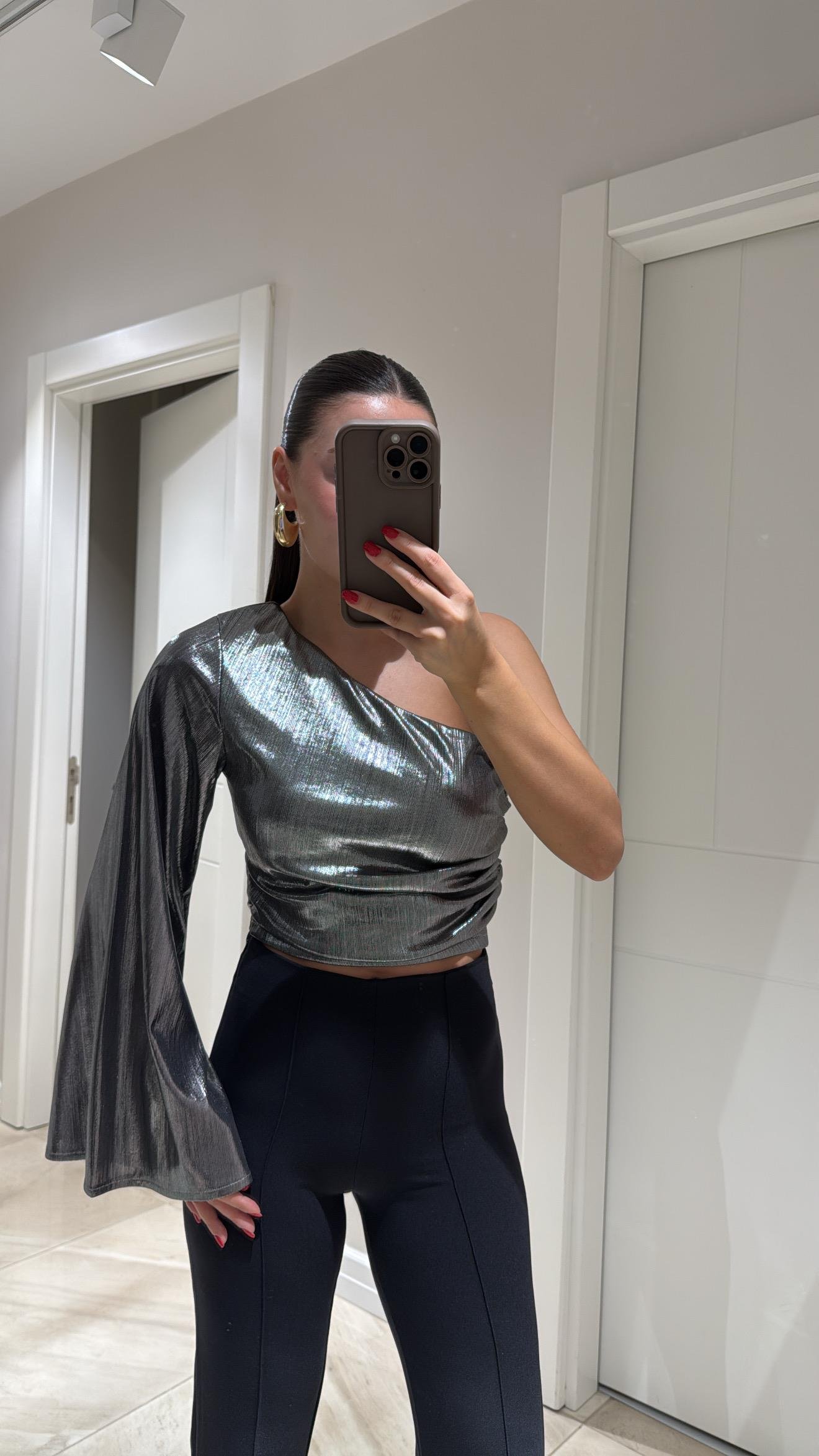 Gümüş Tek Kol Yan Büzgülü Crop Bluz