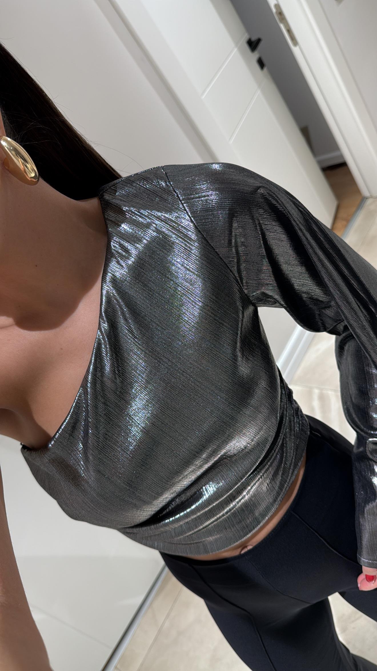 Gümüş Tek Kol Yan Büzgülü Crop Bluz