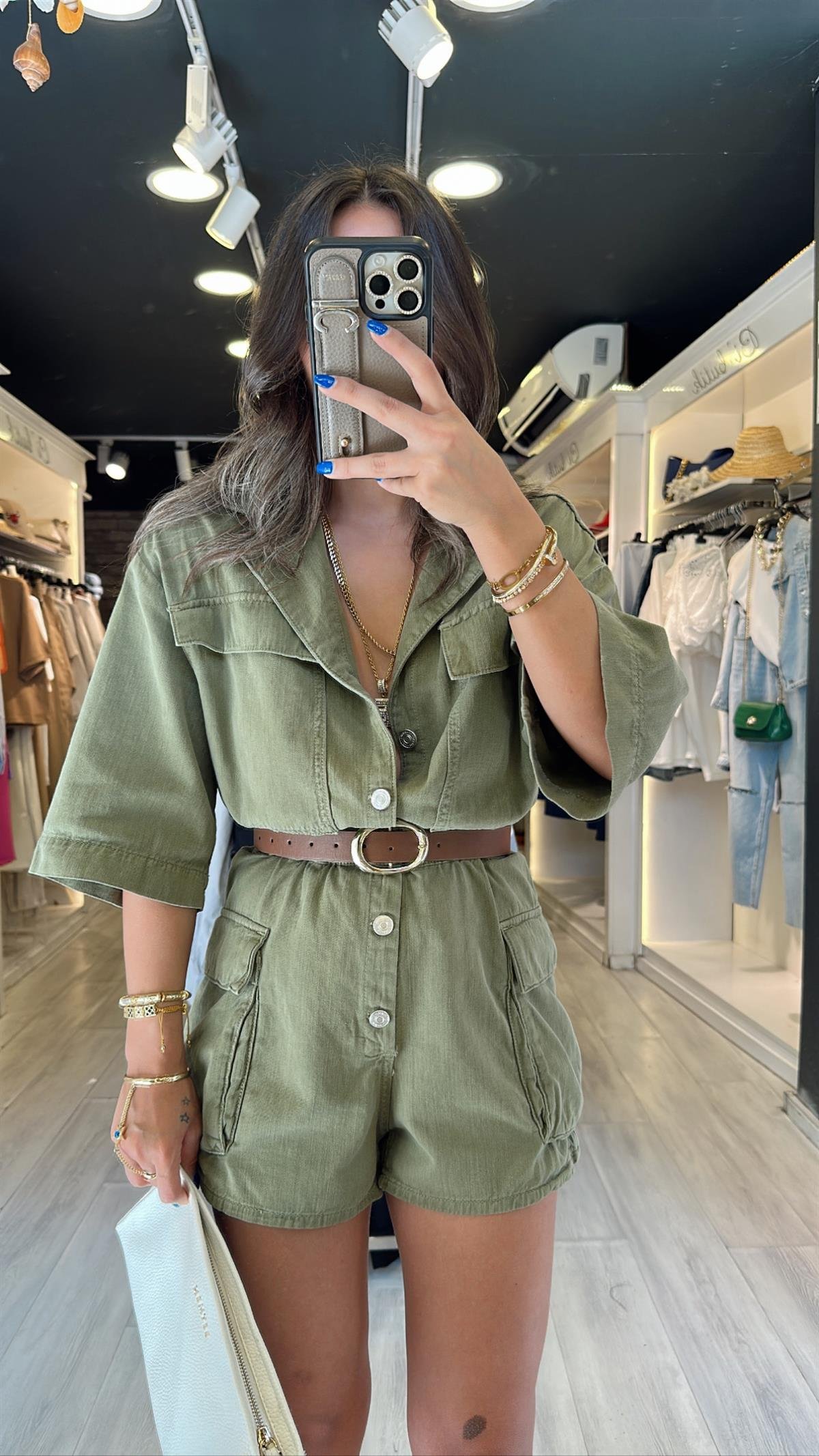 Haki Cep Detaylı Marka Model Şortlu Tulum 