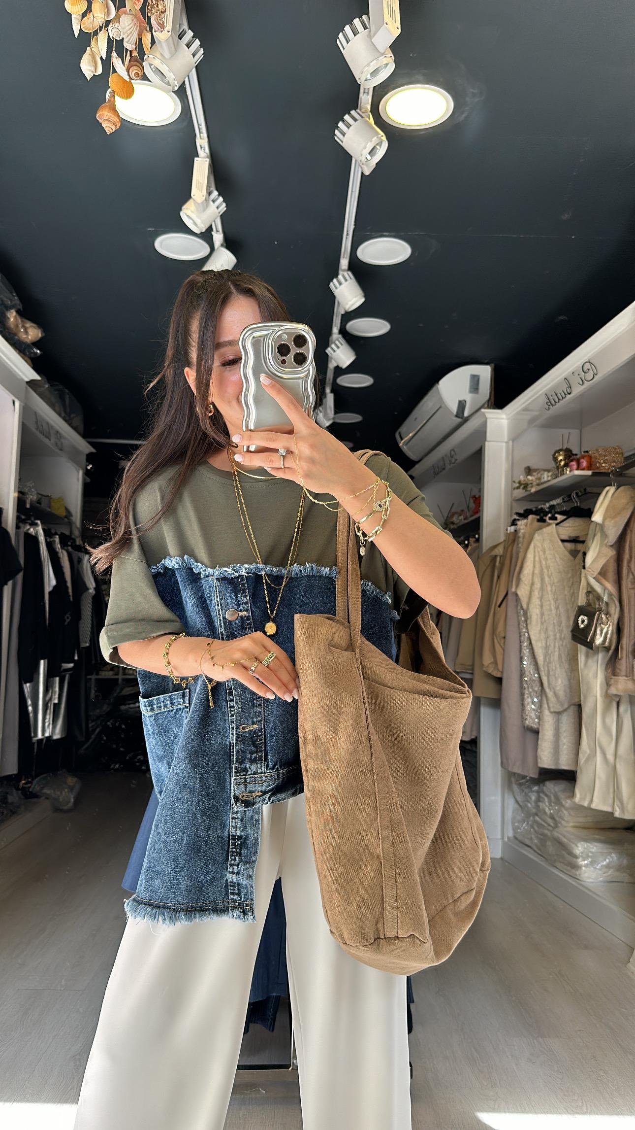 Haki Jean Detaylı Düğmeli Tshirt