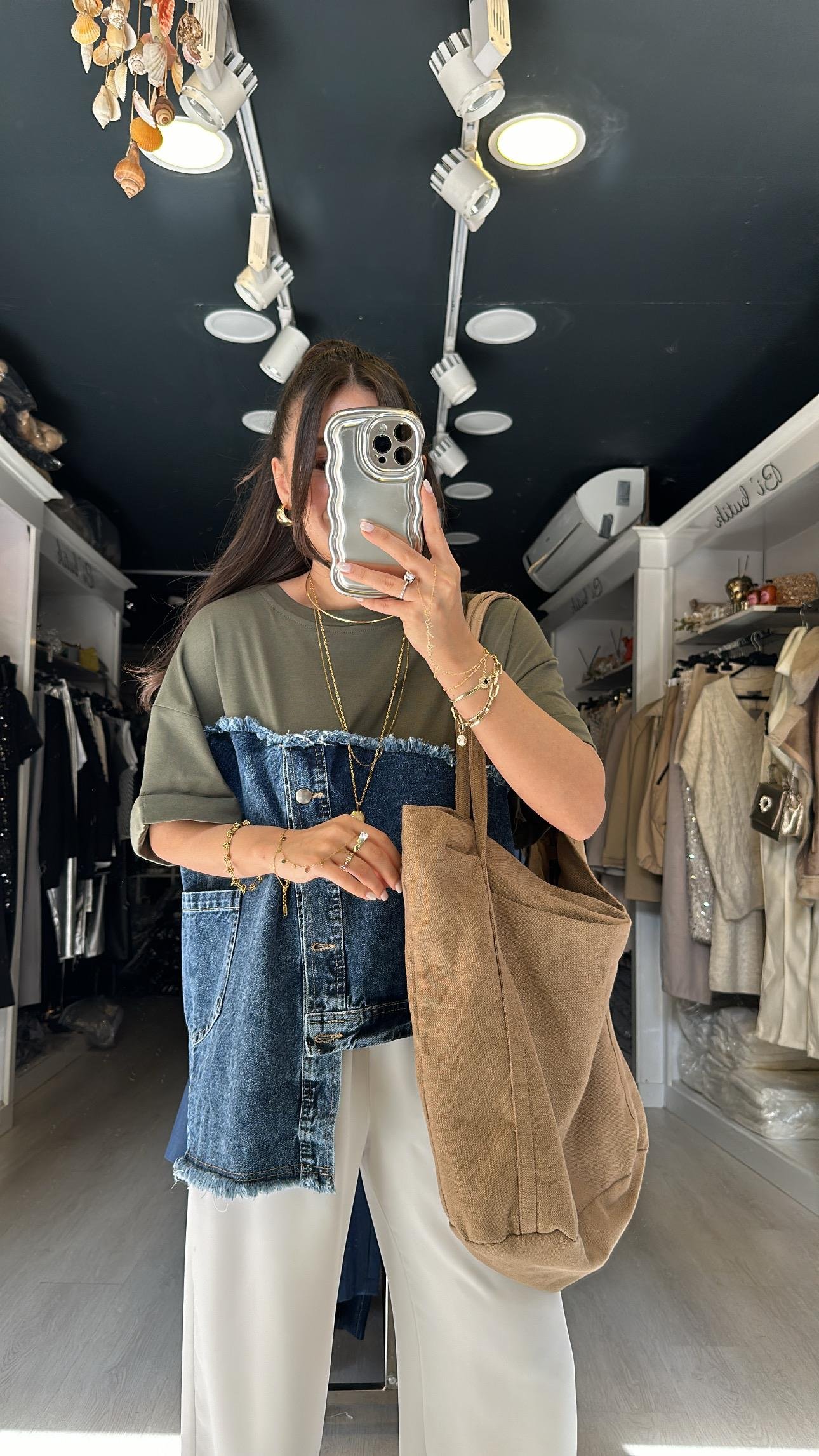 Haki Jean Detaylı Düğmeli Tshirt