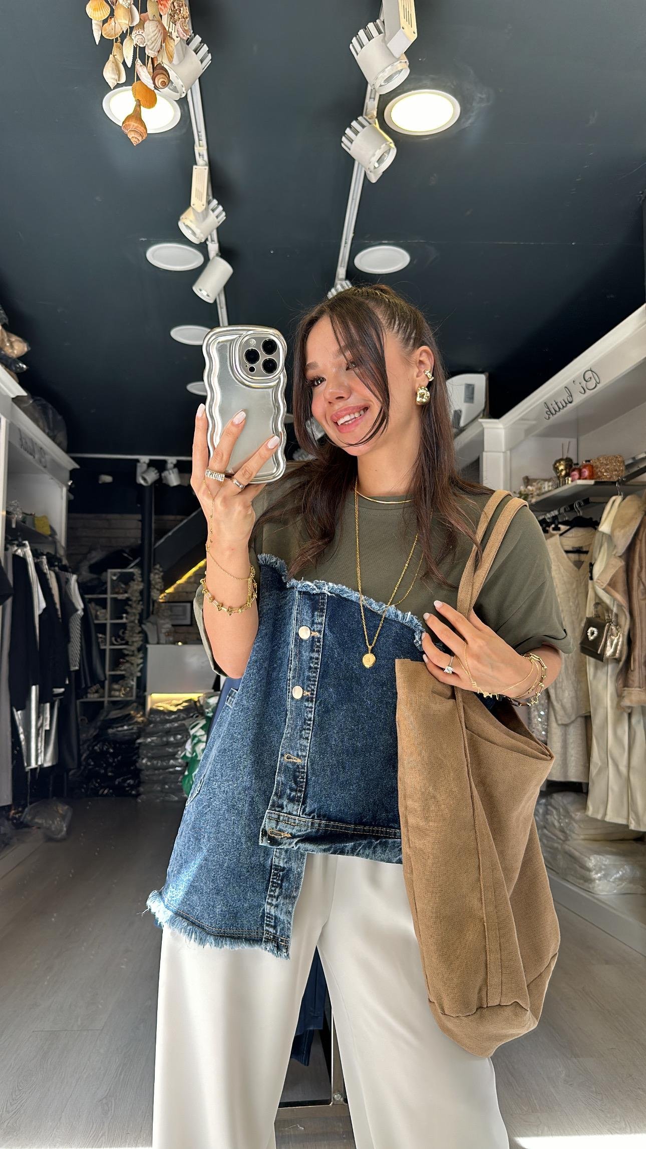 Haki Jean Detaylı Düğmeli Tshirt