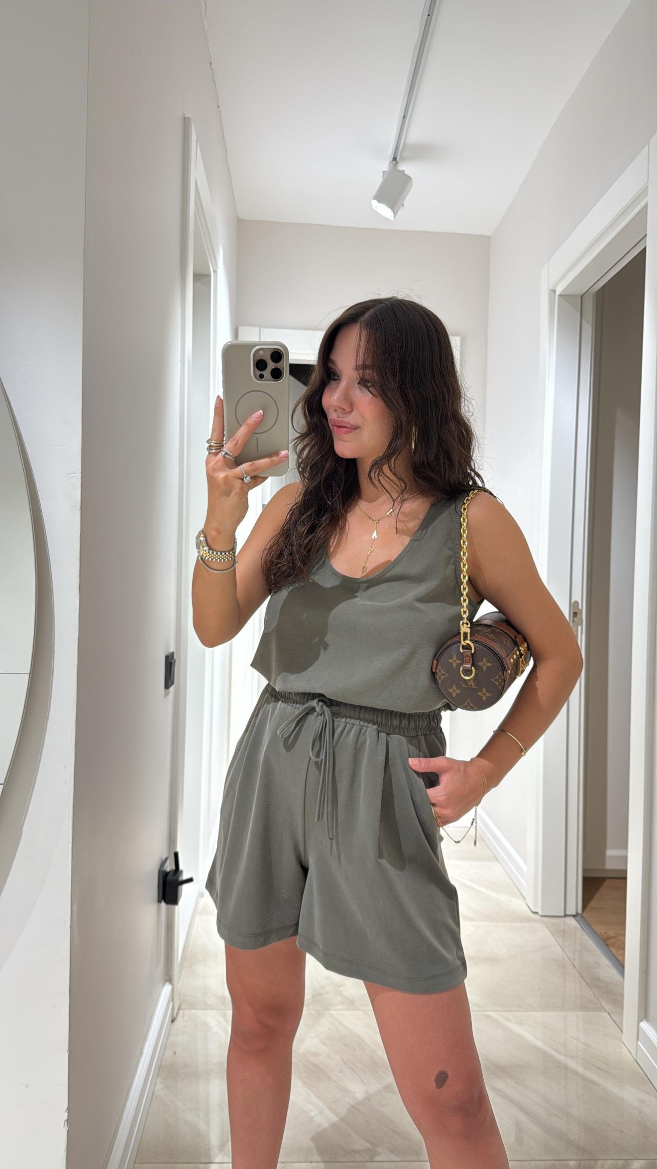 Haki Kalın Askılı Şort Takım