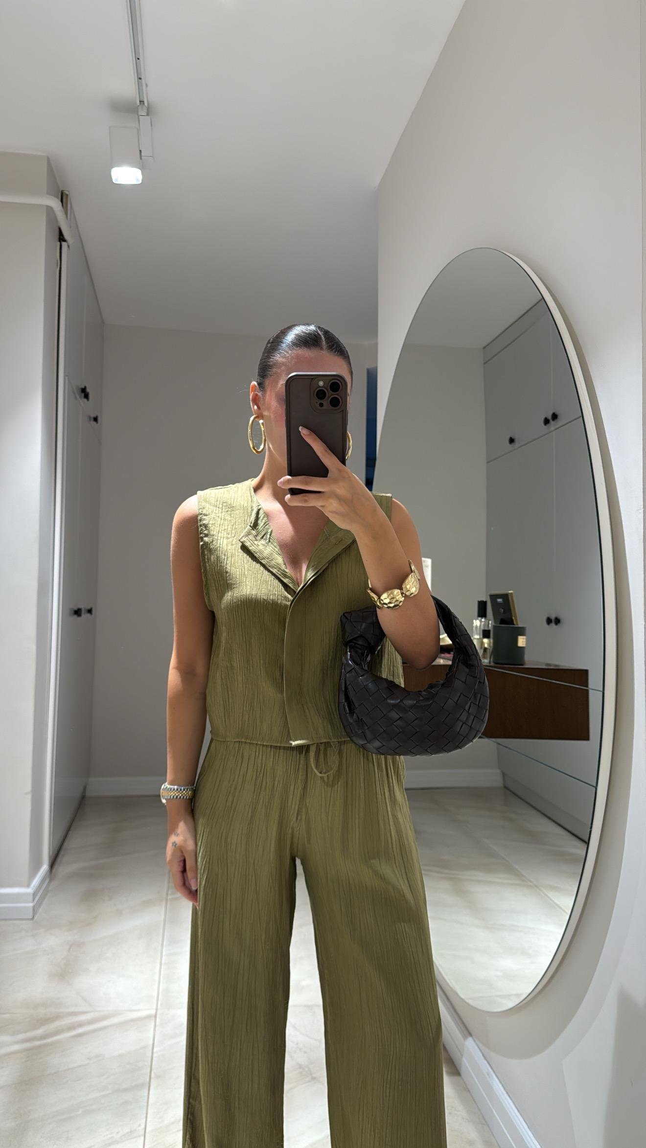 Haki Ön Düğmeli Yelekli Takım