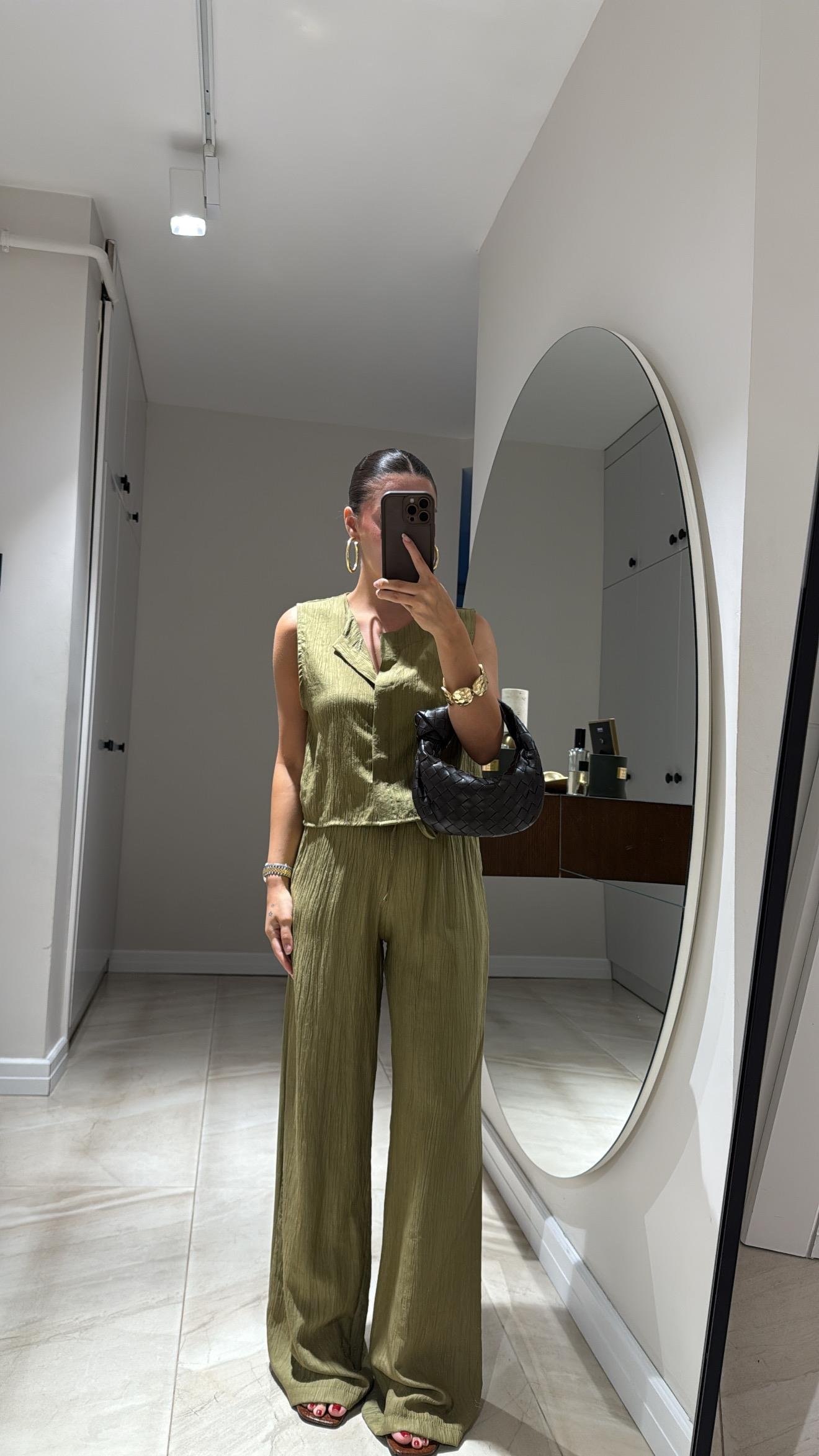 Haki Ön Düğmeli Yelekli Takım