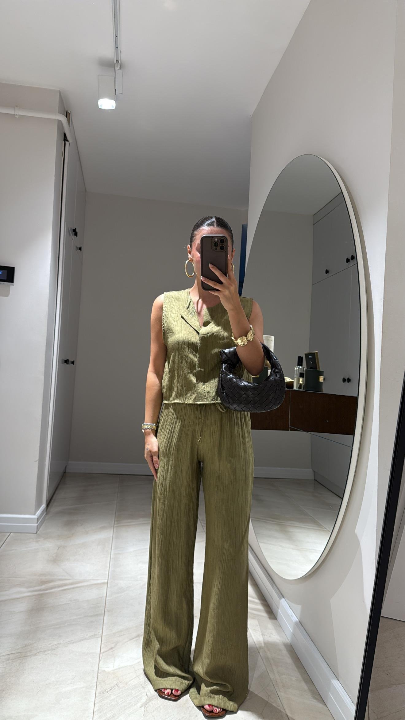 Haki Ön Düğmeli Yelekli Takım