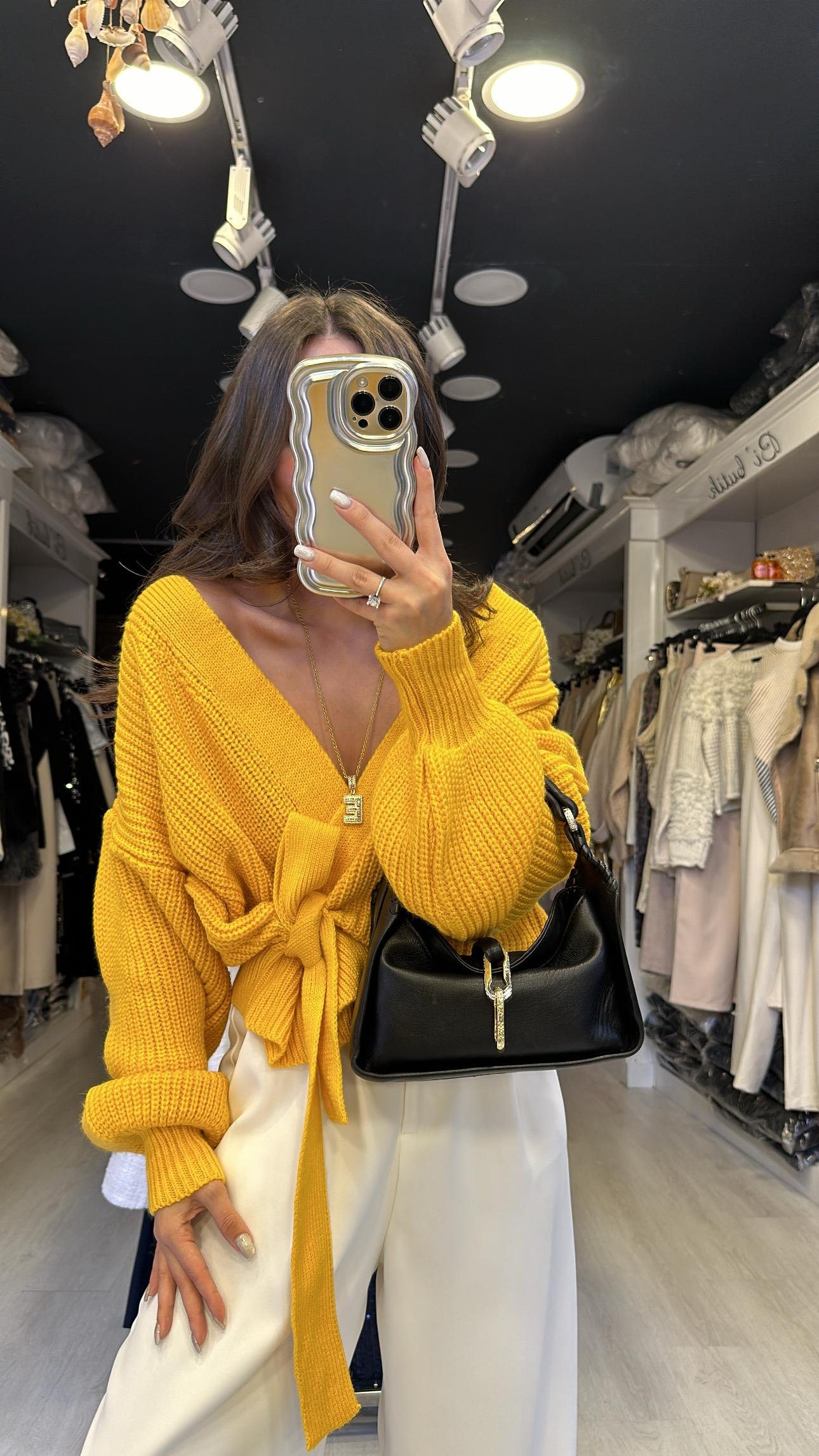 Hardal Sarısı Bağlama Detaylı Hırka 