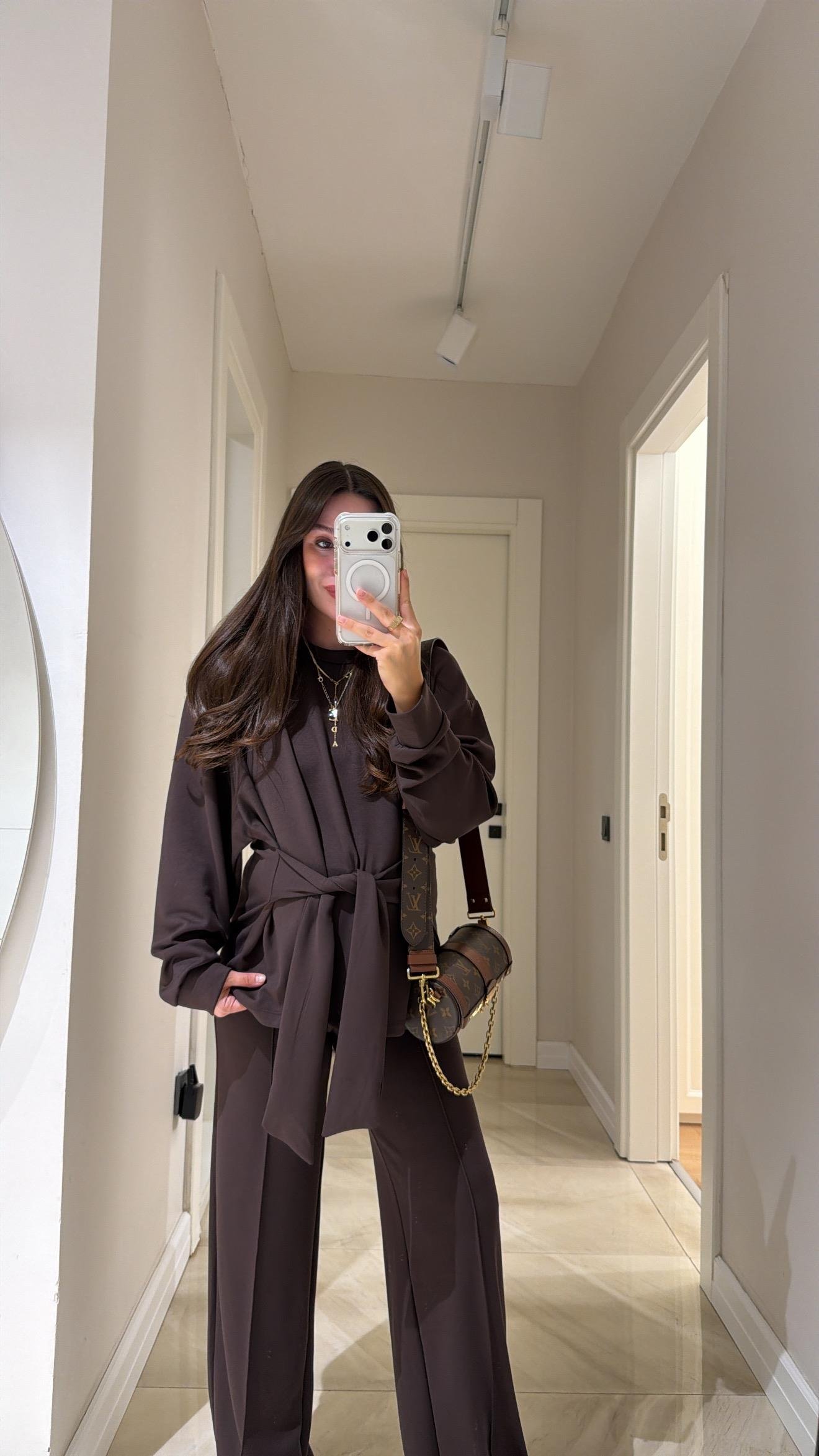 Kahve Bağlama Detaylı Sweat Pantolon Takım 