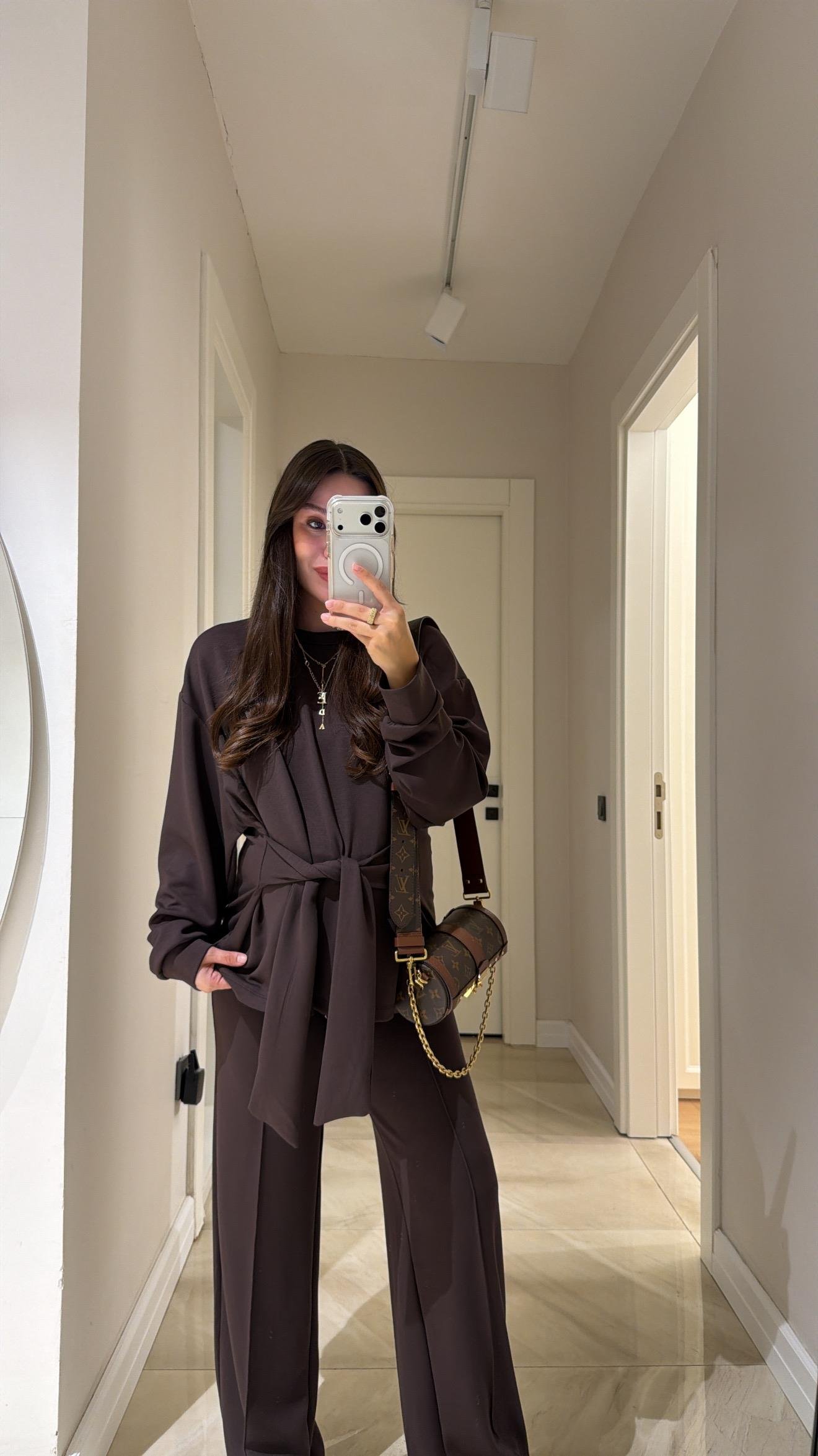 Kahve Bağlama Detaylı Sweat Pantolon Takım 